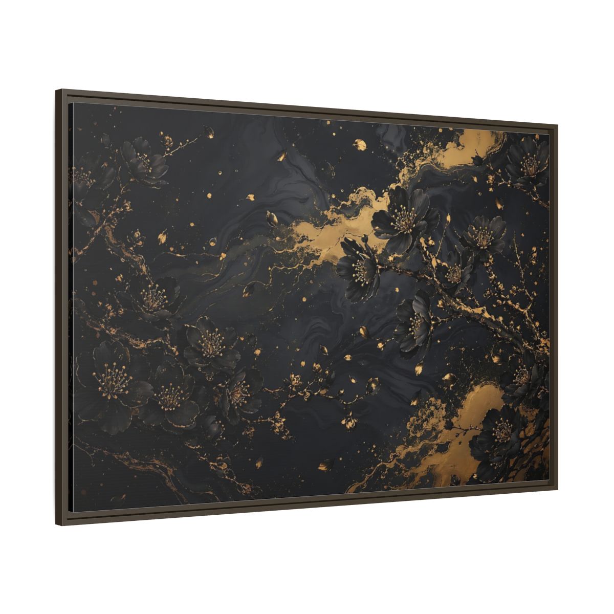 Side Mockup 8. Floral Black Blossoms Black Gold Floral shown as stretched canvas wall art