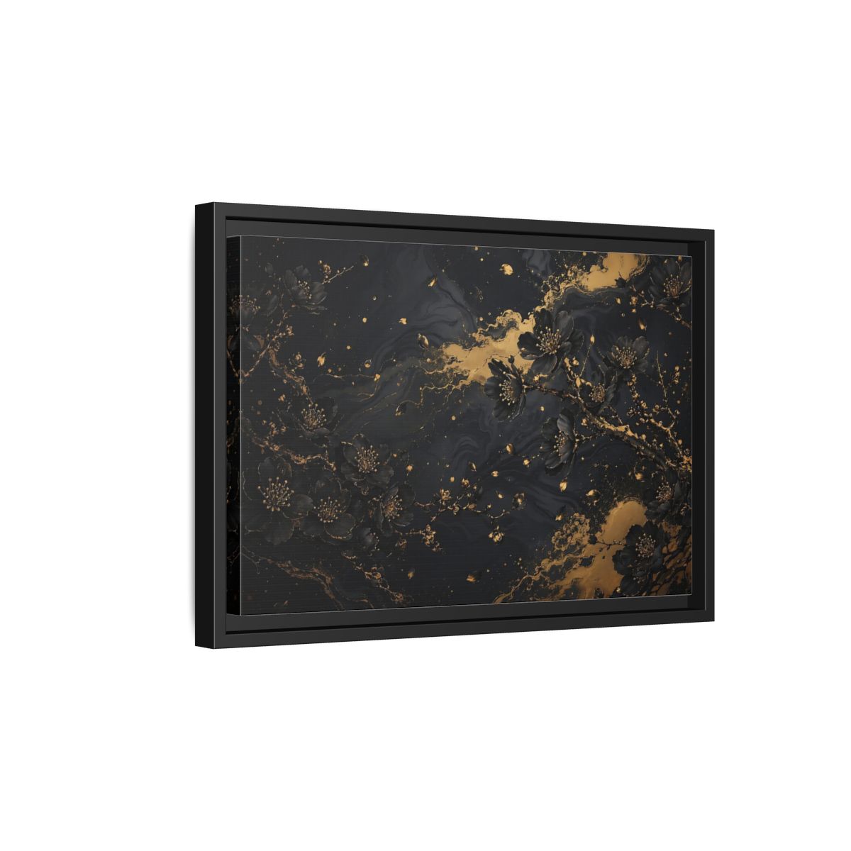 Side Mockup 6. Floral Black Blossoms Black Gold Floral shown as stretched canvas wall art