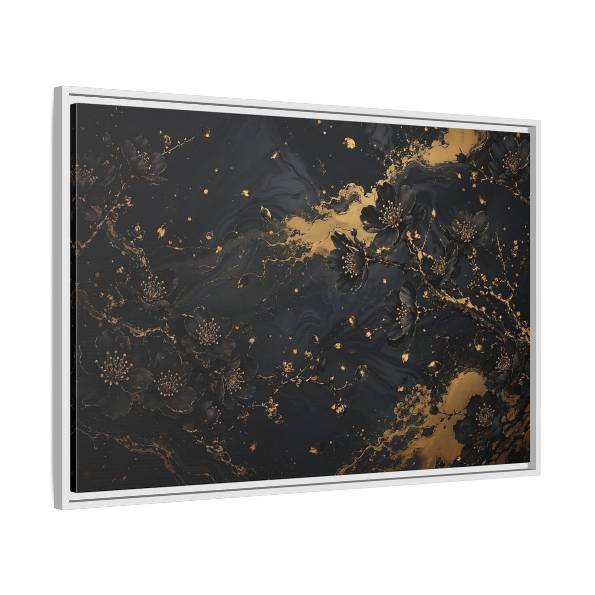 Side Mockup 9. Floral Black Blossoms Black Gold Floral shown as stretched canvas wall art