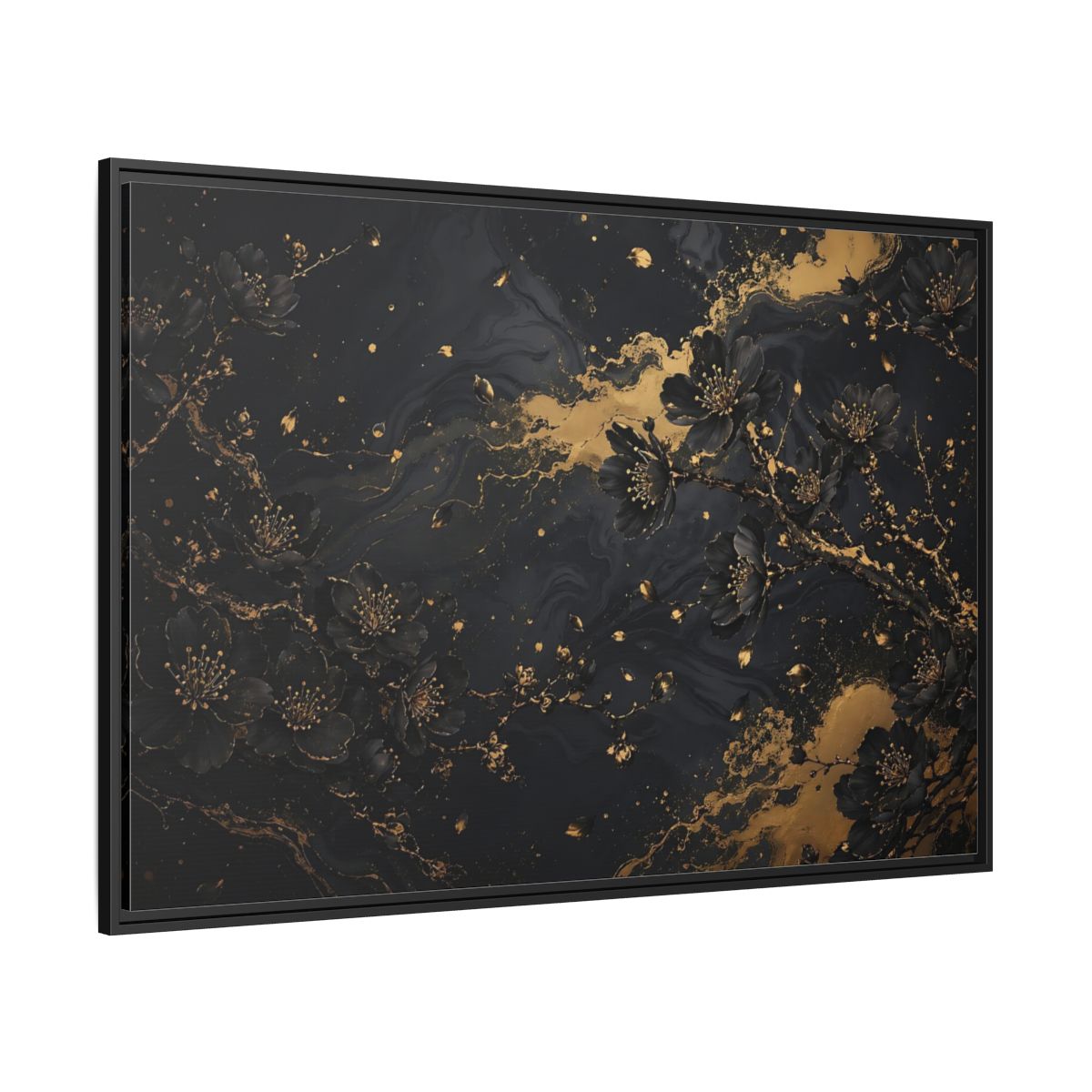 Side Mockup 12. Floral Black Blossoms Black Gold Floral shown as stretched canvas wall art