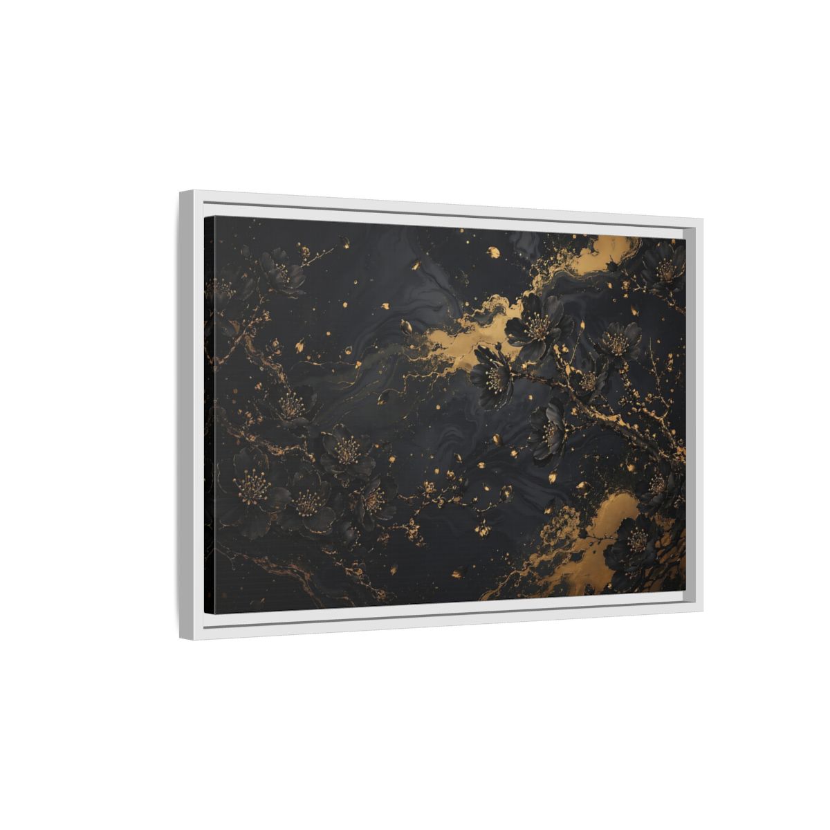 Side Mockup 1. Floral Black Blossoms Black Gold Floral shown as stretched canvas wall art