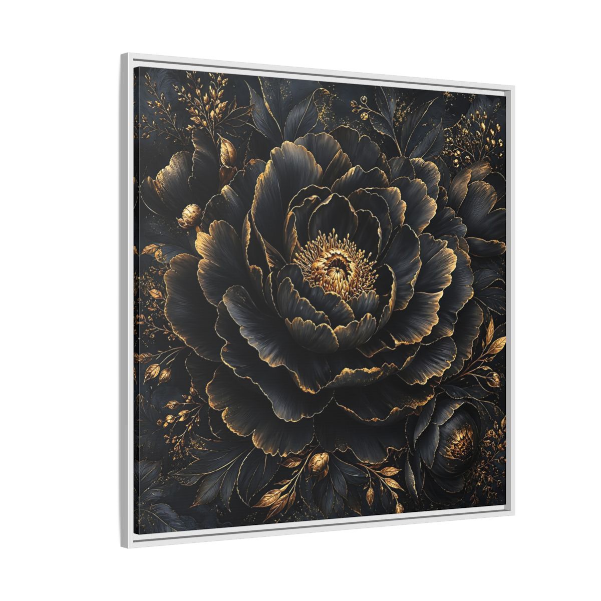 Floral Black Flower and Gold Framed Canvas Wall Art - Living Room, Above Console Table shown as canvas wall art