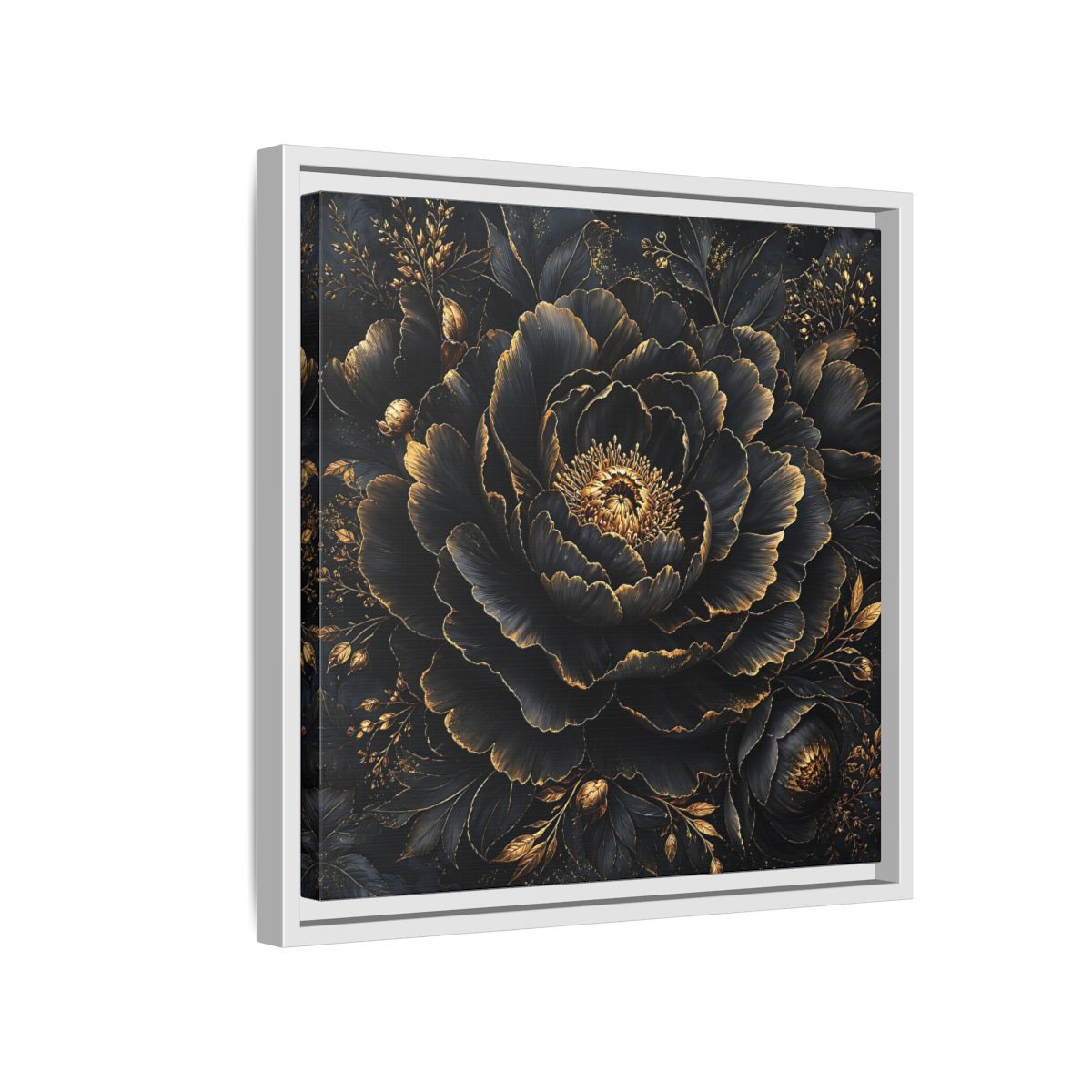 Floral Black Flower and Gold Framed Canvas Wall Art - Living Room, Above Console Table shown as canvas wall art