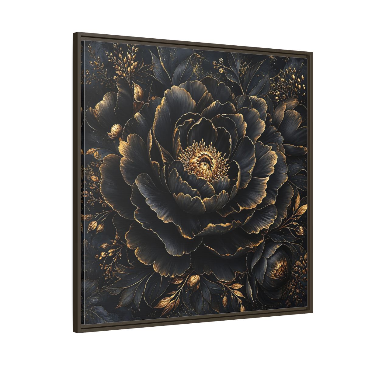 Floral Black Flower and Gold Framed Canvas Wall Art - Living Room, Above Console Table shown as canvas wall art
