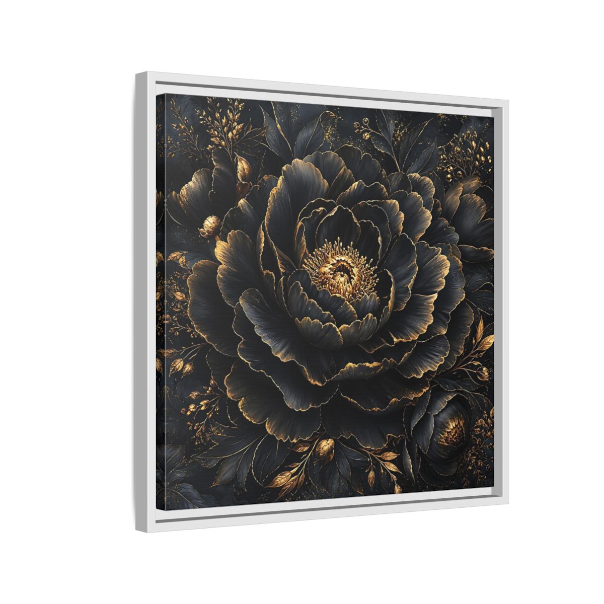 Floral Black Flower and Gold Framed Canvas Wall Art - Living Room, Above Console Table shown as canvas wall art