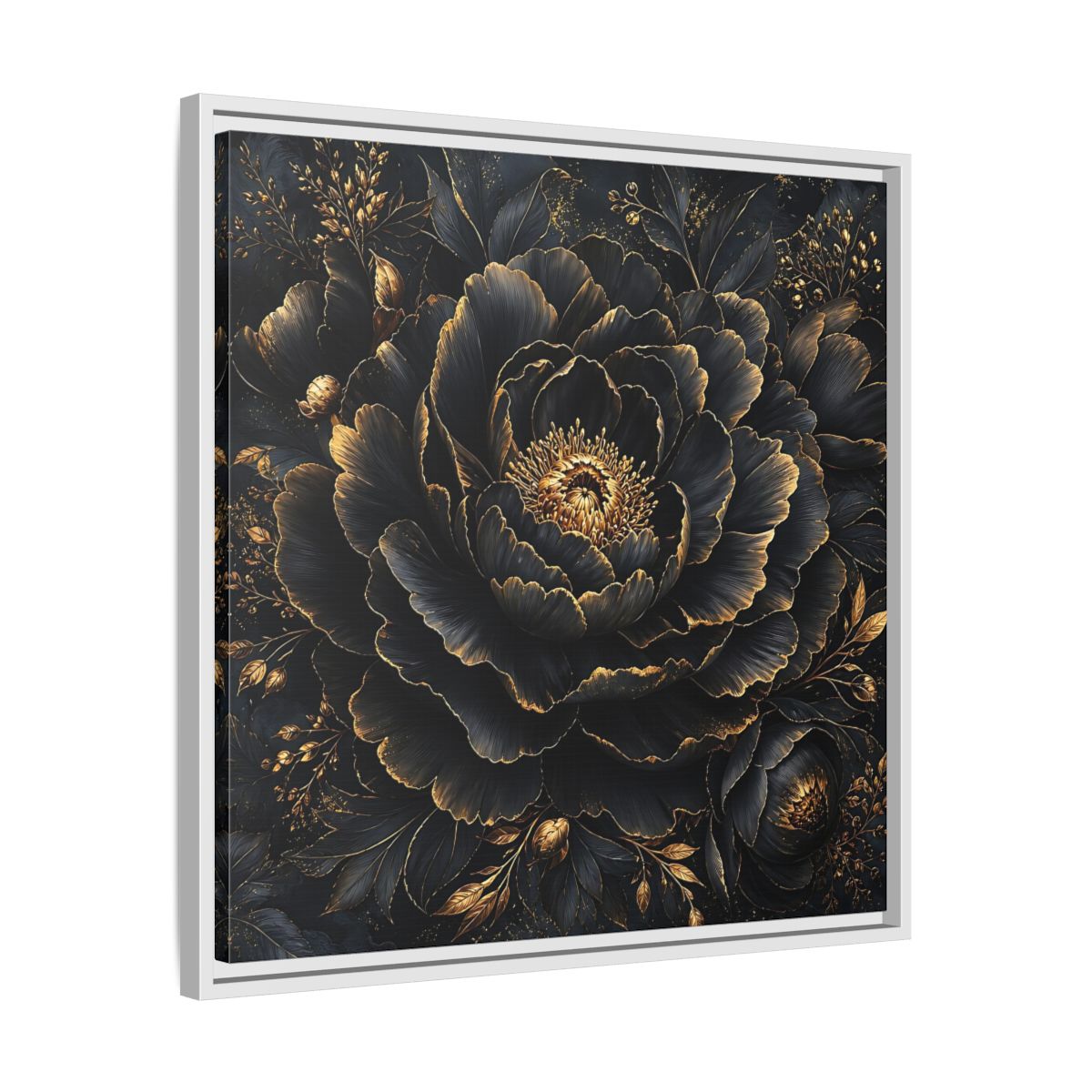 Floral Black Flower and Gold Framed Canvas Wall Art - Living Room, Above Console Table shown as canvas wall art