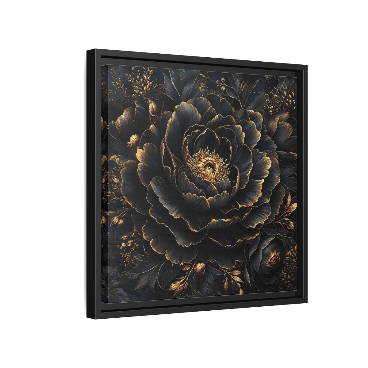 Floral Black Flower and Gold Framed Canvas Wall Art - Living Room, Above Console Table shown as canvas wall art
