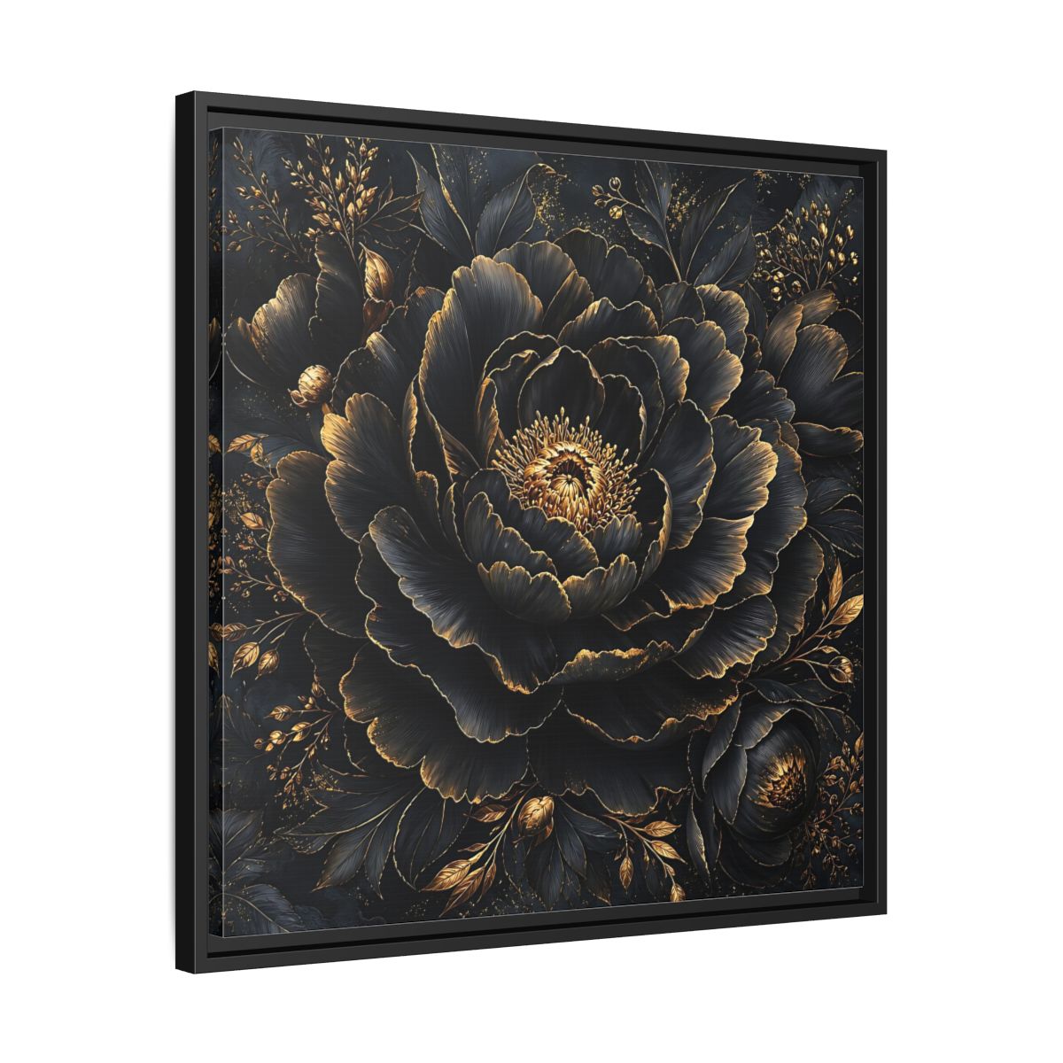 Floral Black Flower and Gold Framed Canvas Wall Art - Living Room, Above Console Table shown as canvas wall art