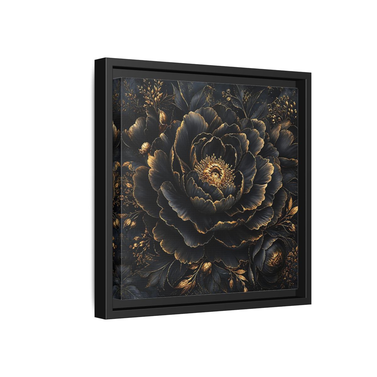 Floral Black Flower and Gold Framed Canvas Wall Art - Living Room, Above Console Table shown as canvas wall art