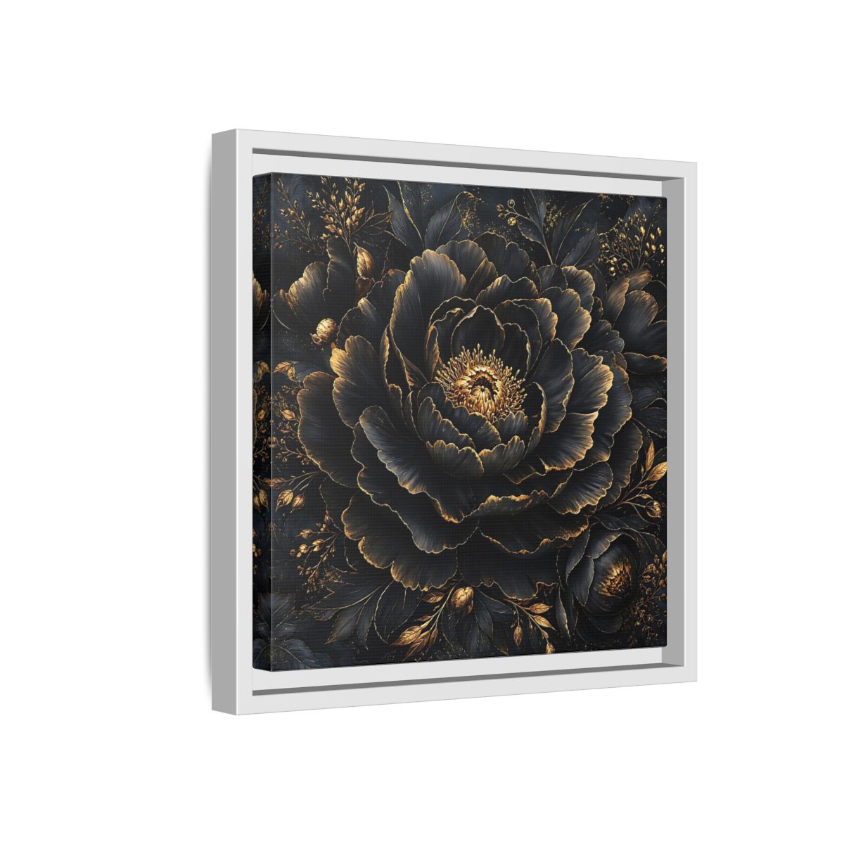 Floral Black Flower and Gold Framed Canvas Wall Art - Living Room, Above Console Table shown as canvas wall art
