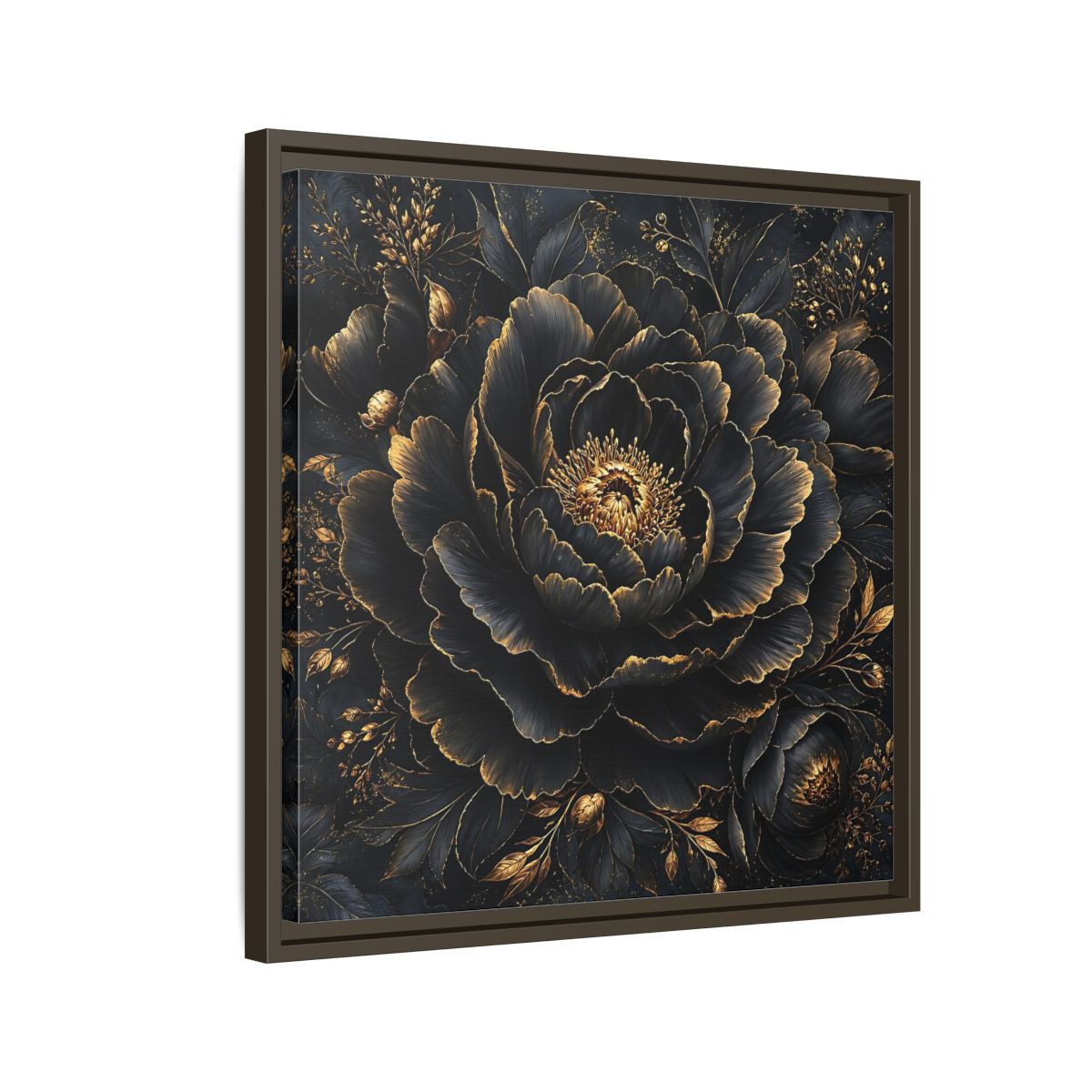 Floral Black Flower and Gold Framed Canvas Wall Art - Living Room, Above Console Table shown as canvas wall art