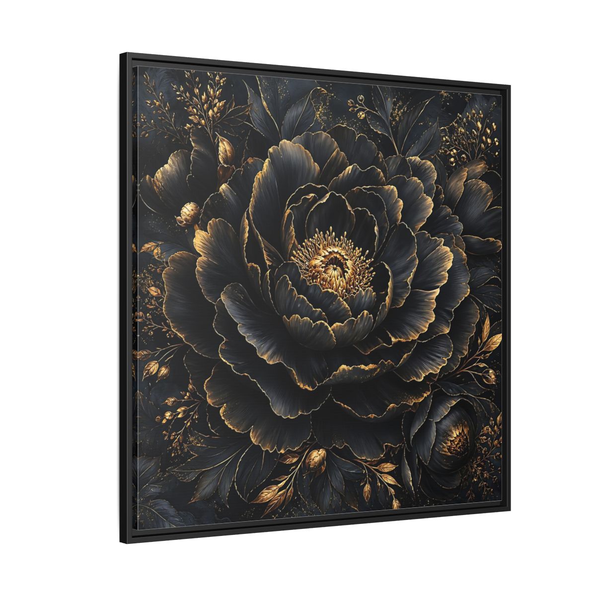 Floral Black Flower and Gold Framed Canvas Wall Art - Living Room, Above Console Table shown as canvas wall art