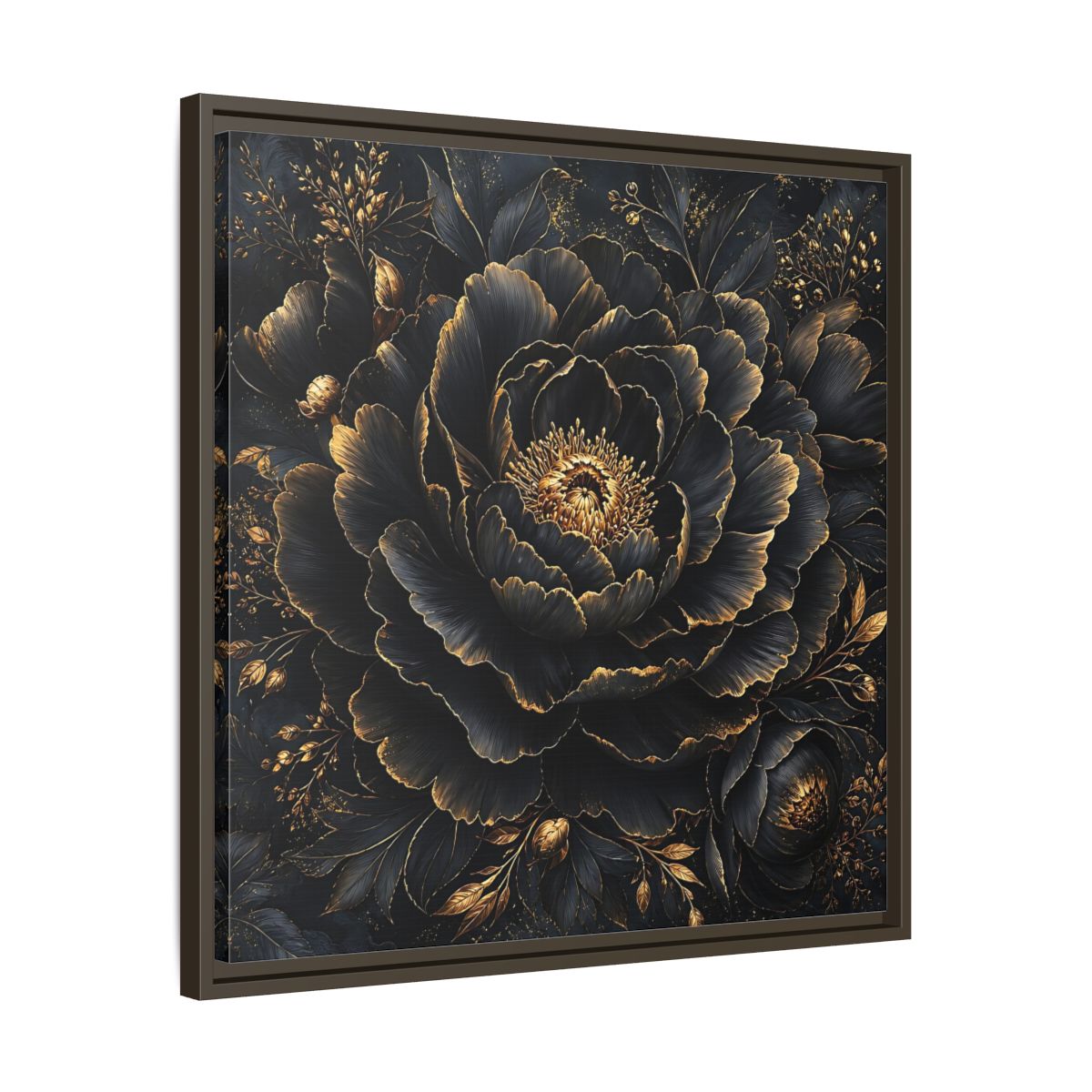 Floral Black Flower and Gold Framed Canvas Wall Art - Living Room, Above Console Table shown as canvas wall art