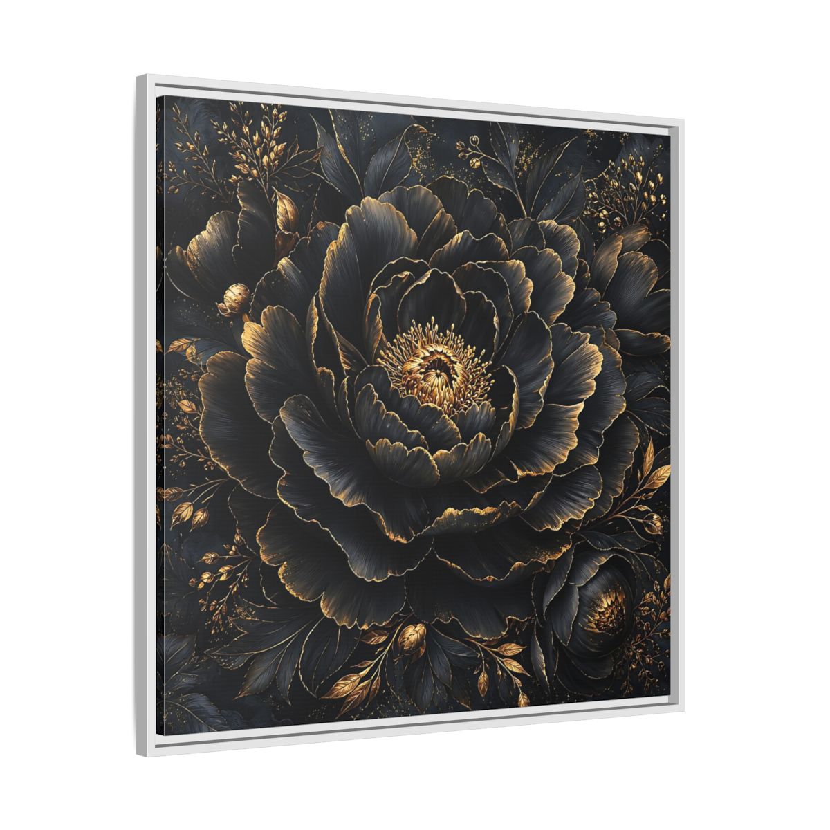 Floral Black Flower and Gold Framed Canvas Wall Art - Living Room, Above Console Table shown as canvas wall art