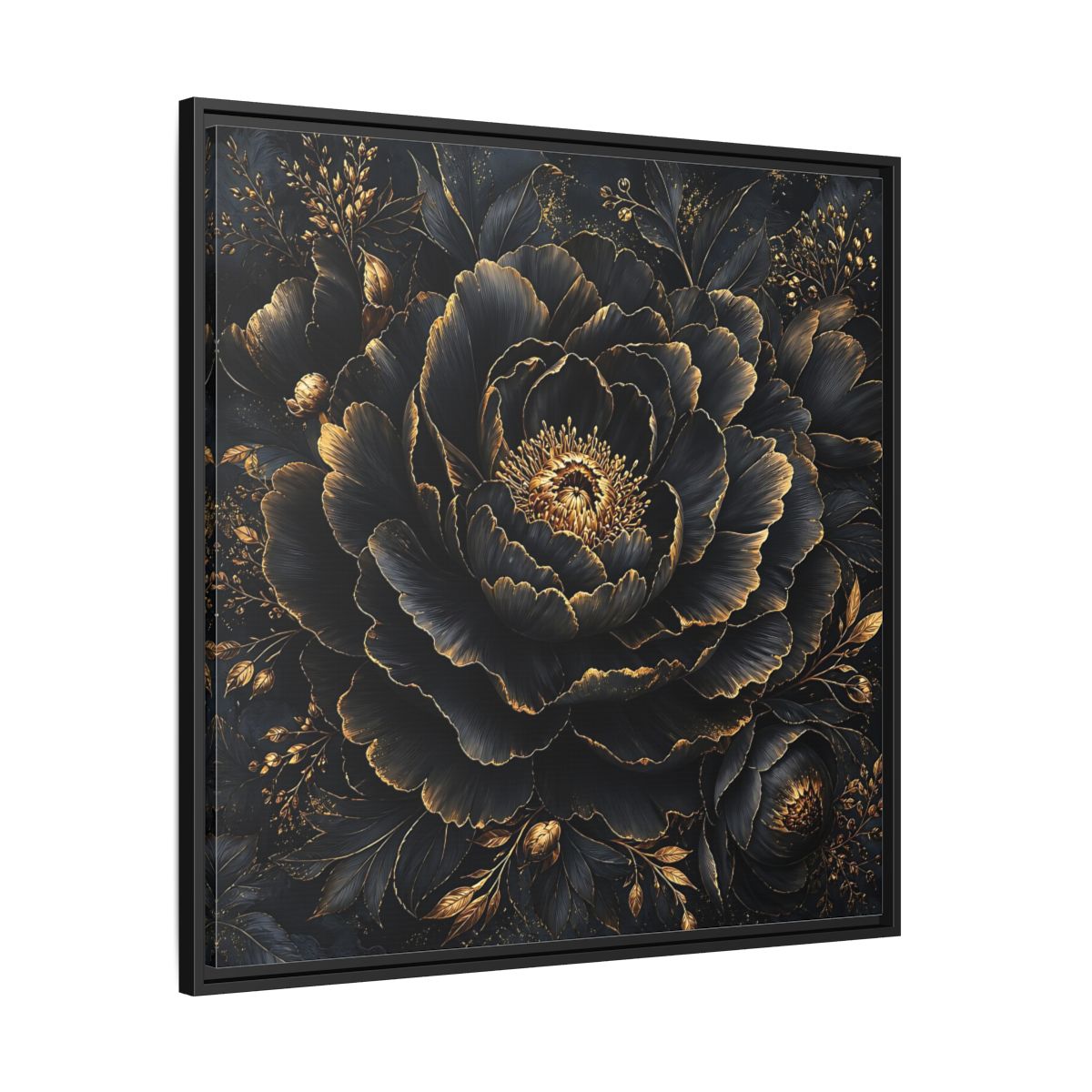 Floral Black Flower and Gold Framed Canvas Wall Art - Living Room, Above Console Table shown as canvas wall art