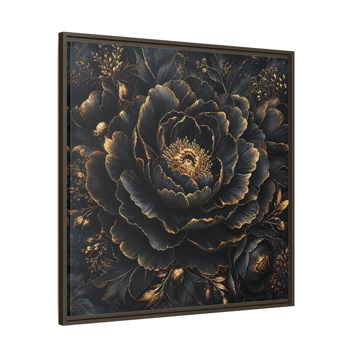 Floral Black Flower and Gold Framed Canvas Wall Art - Living Room, Above Console Table shown as canvas wall art