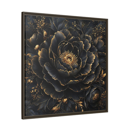 Main Mockup. Floral Black Flower Black And Gold shown as stretched canvas wall art
