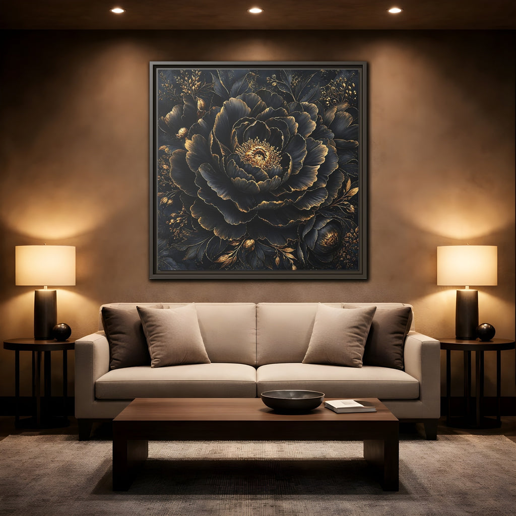 Mockup 2. Floral Black Flower Black And Gold shown as stretched canvas wall art