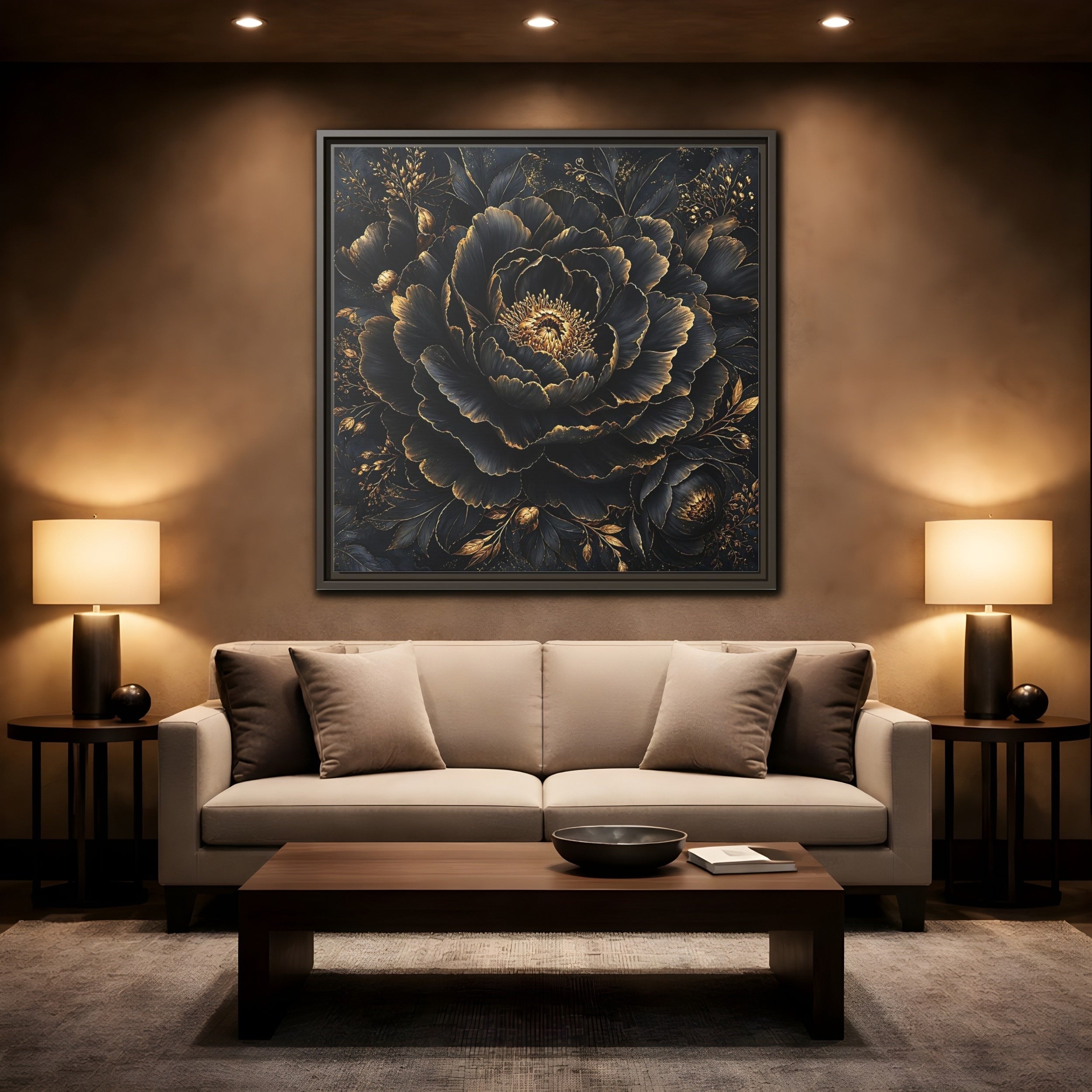 Mockup 2. Floral Black Flower Black And Gold shown as stretched canvas wall art