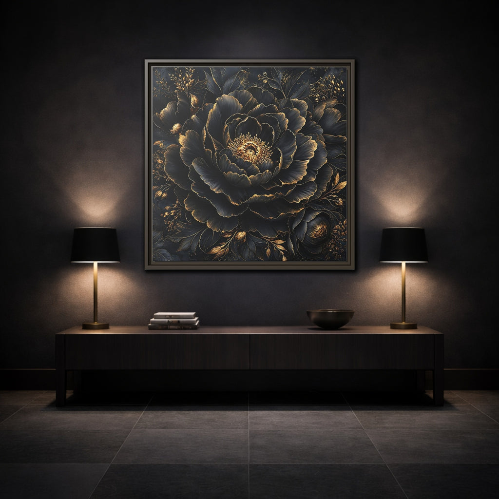 Mockup 3. Floral Black Flower Black And Gold shown as stretched canvas wall art