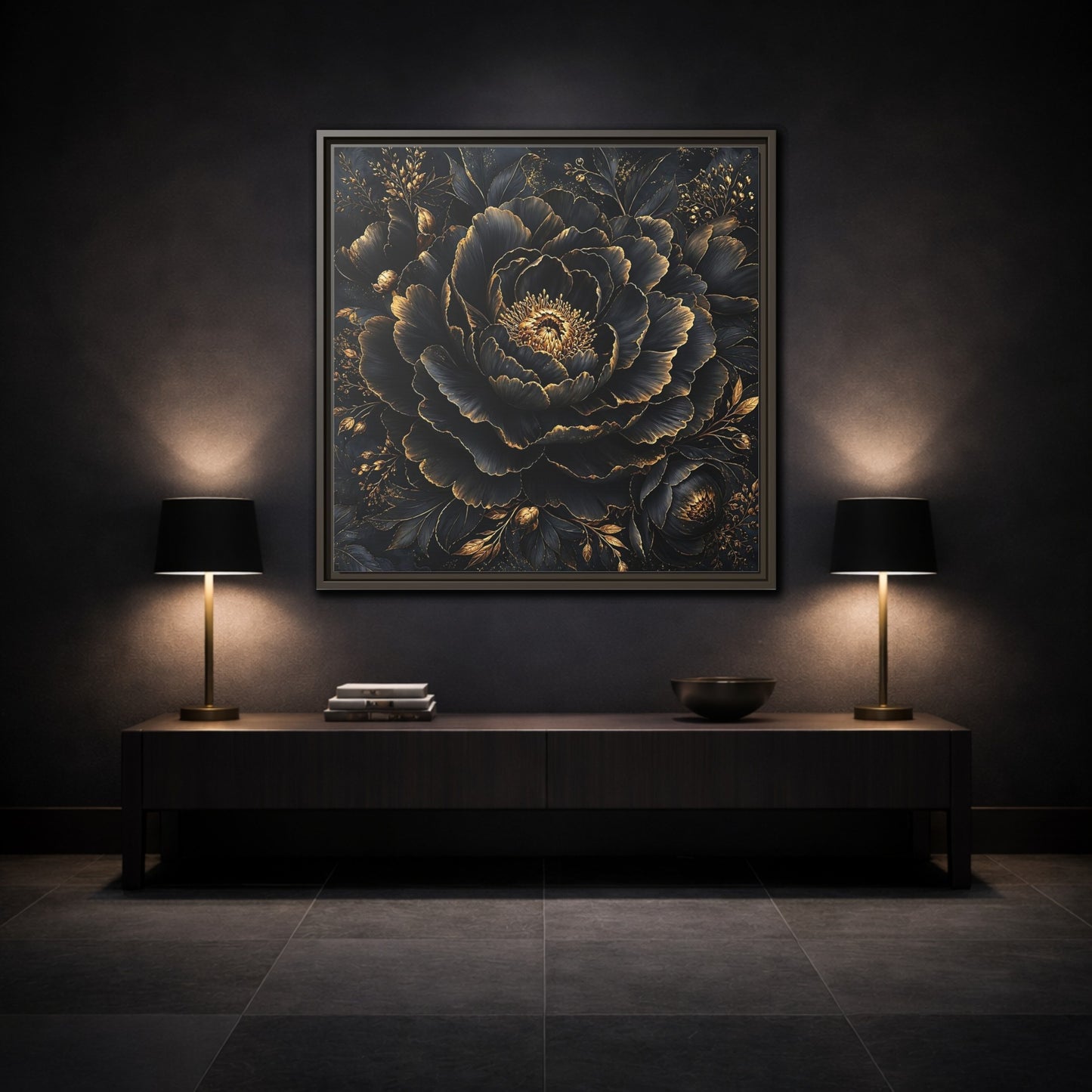 Floral Black Flower and Gold Framed Canvas Wall Art - Living Room, Above Console Table shown as canvas wall art