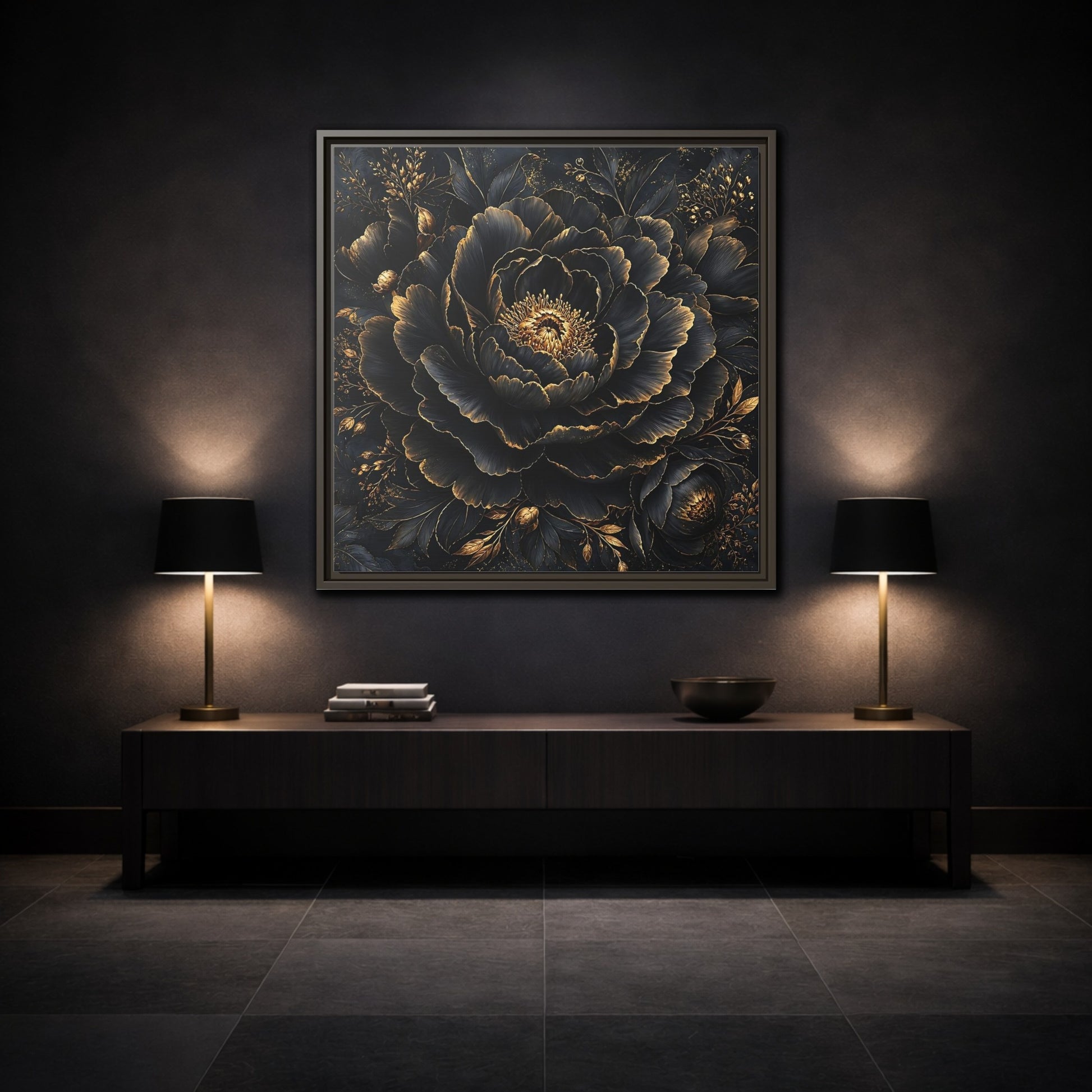 Floral Black Flower and Gold Framed Canvas Wall Art - Living Room, Above Console Table shown as canvas wall art