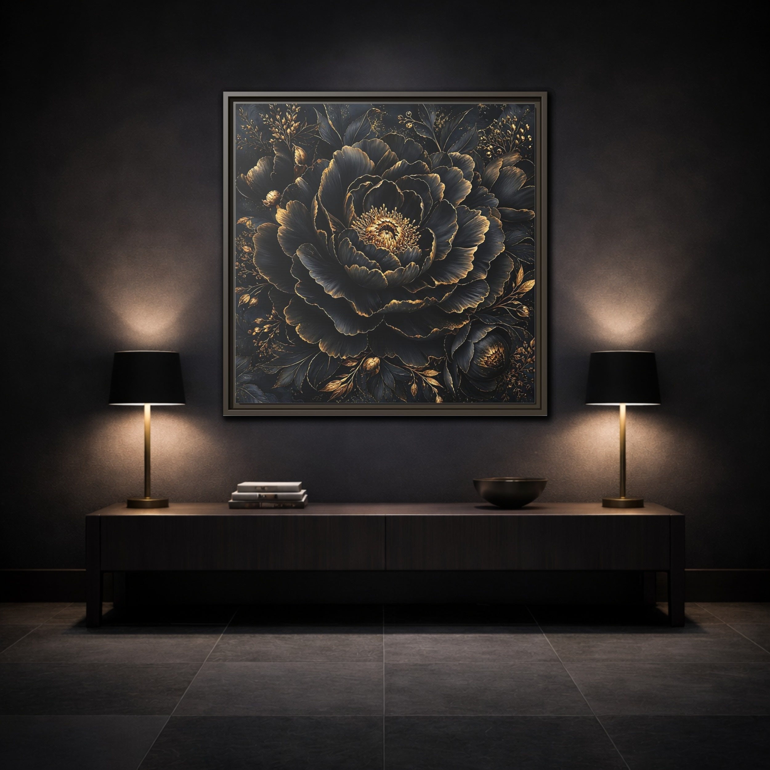 Mockup 3. Floral Black Flower Black And Gold shown as stretched canvas wall art