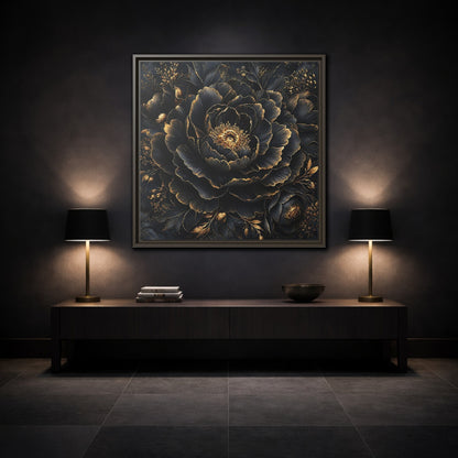 Floral Black Flower and Gold Framed Canvas Wall Art - Living Room, Above Console Table shown as canvas wall art