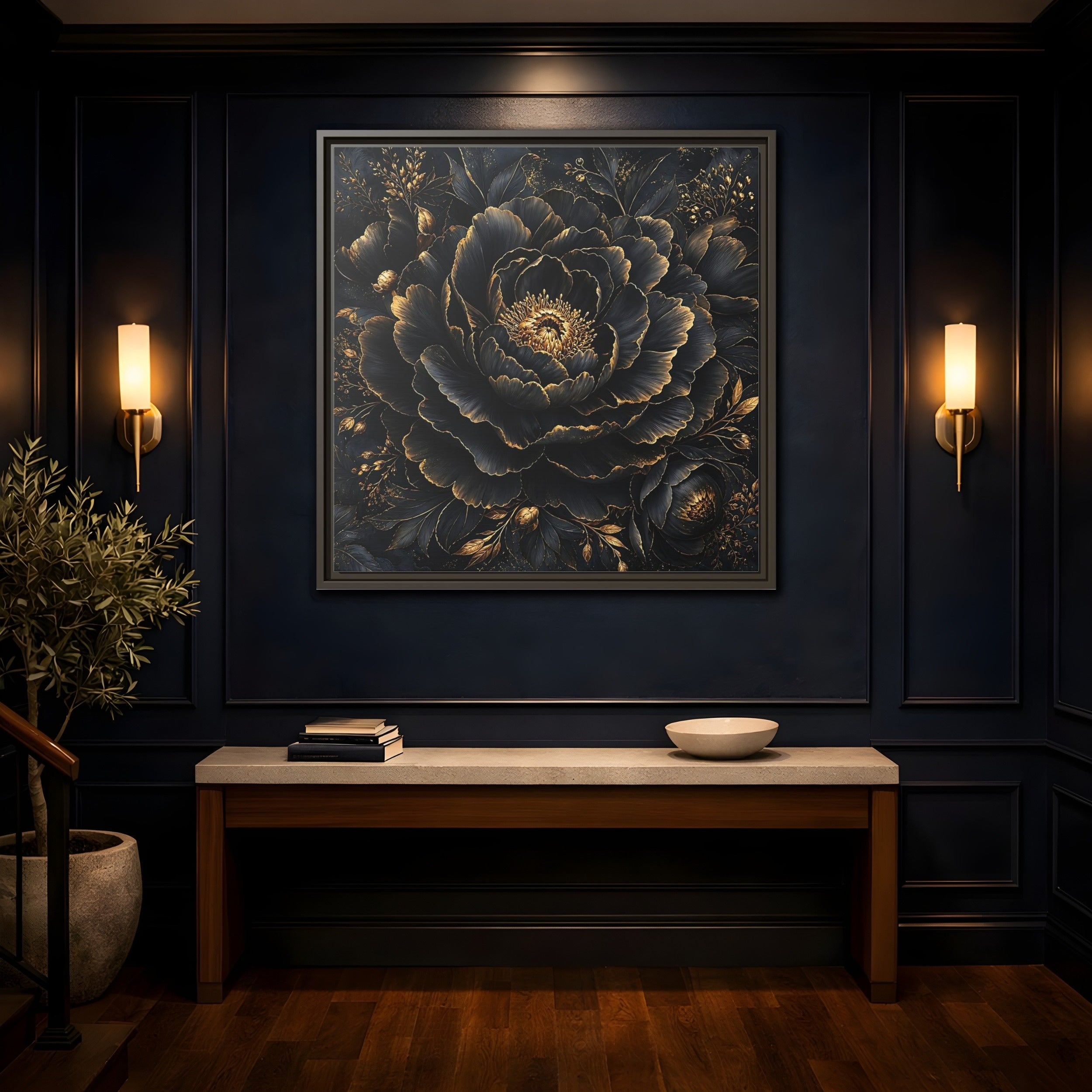 Mockup 4. Floral Black Flower Black And Gold shown as stretched canvas wall art