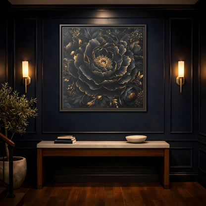 Floral Black Flower and Gold Framed Canvas Wall Art - Living Room, Above Console Table shown as canvas wall art