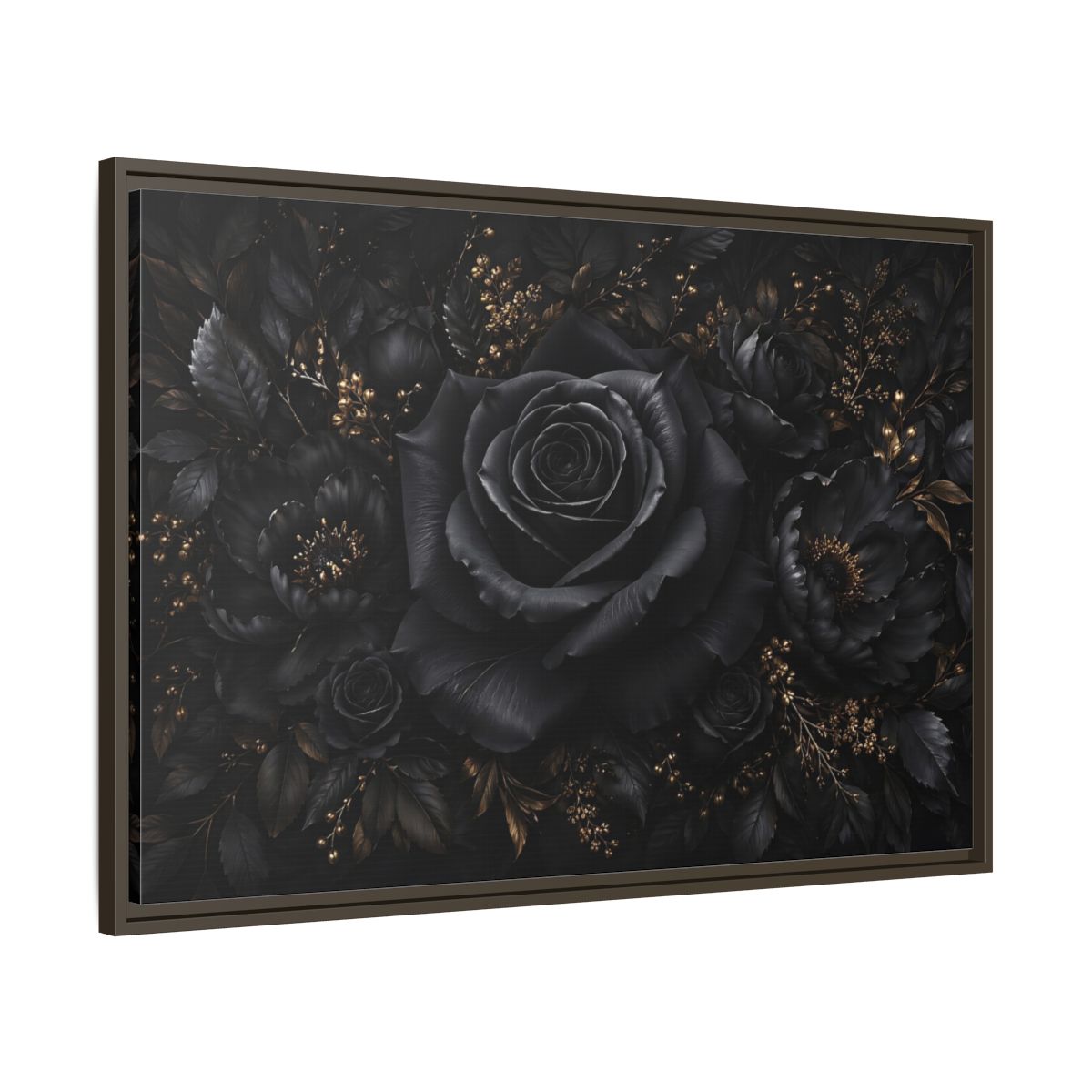 Main Mockup. Floral Black Rose Black Gold Floral shown as stretched canvas wall art