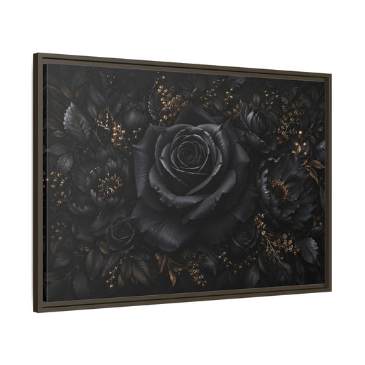 Main Mockup. Floral Black Rose Black Gold Floral shown as stretched canvas wall art