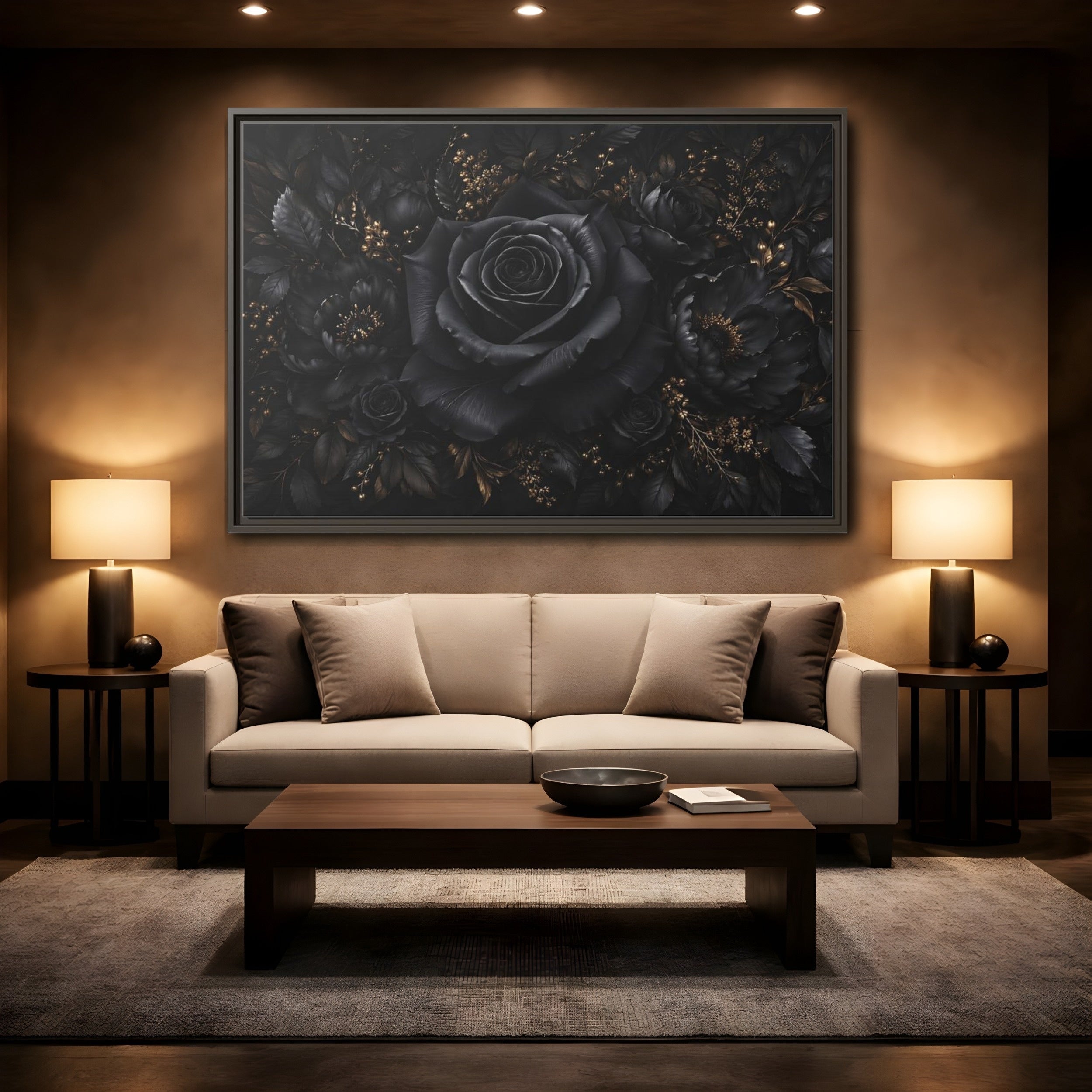 Mockup 2. Floral Black Rose Black Gold Floral shown as stretched canvas wall art