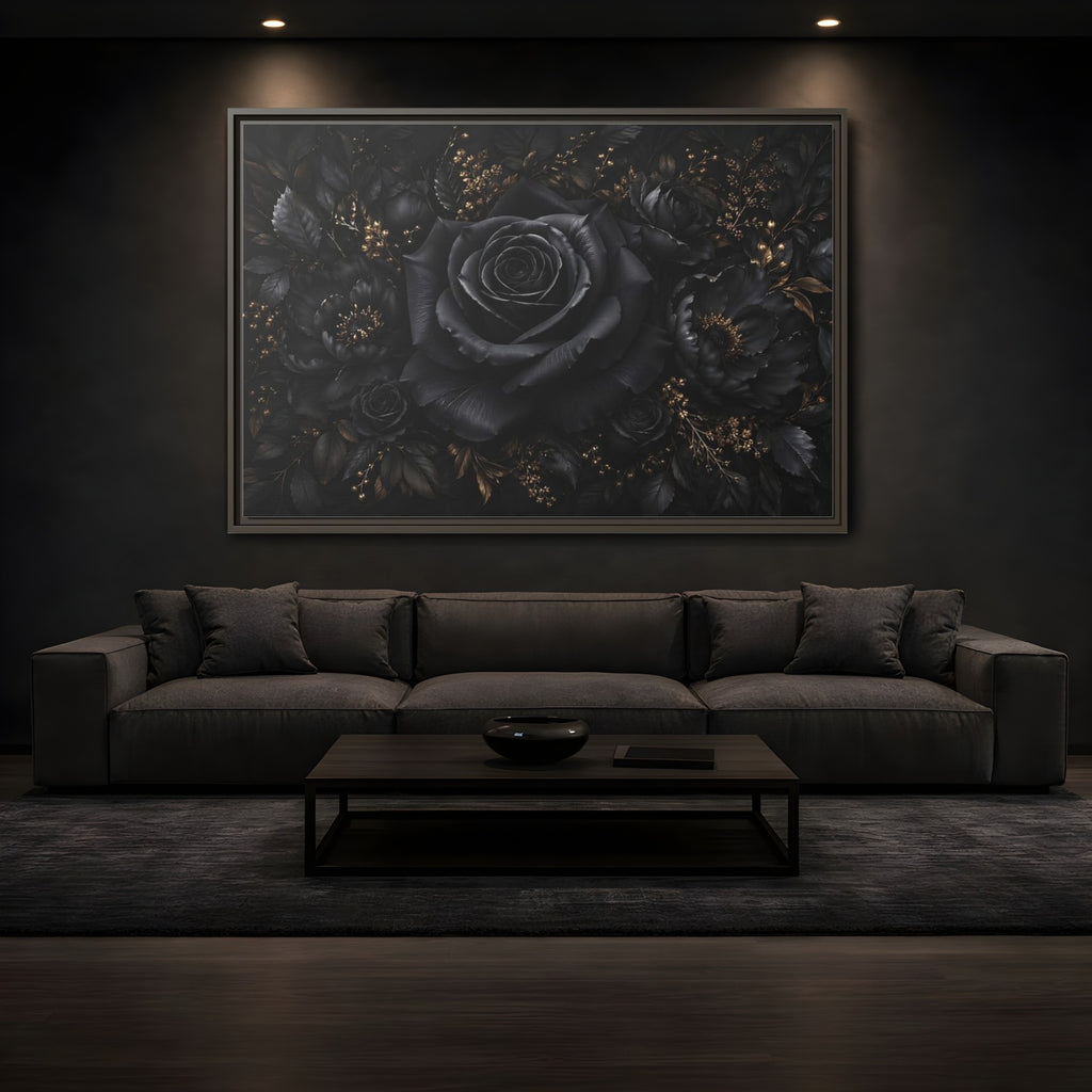 Mockup 3. Floral Black Rose Black Gold Floral shown as stretched canvas wall art