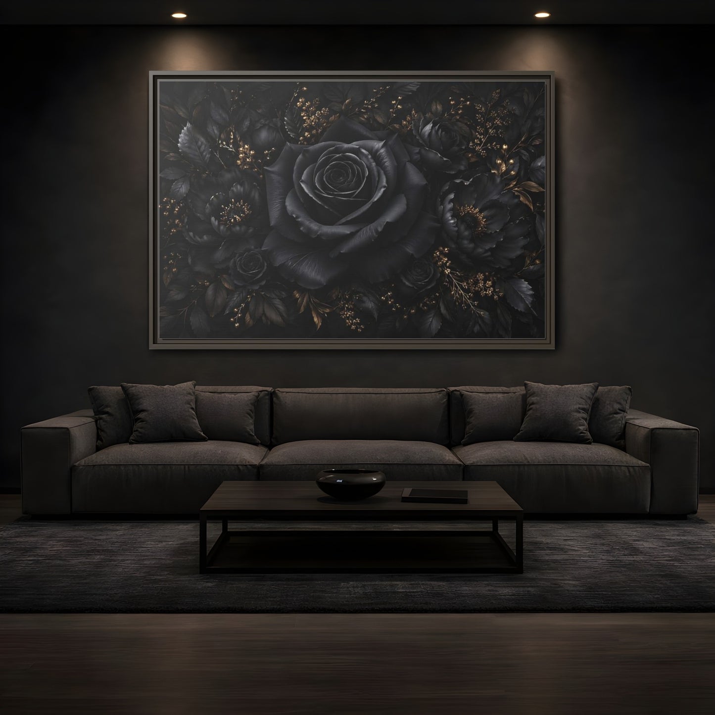 Mockup 3. Floral Black Rose Black Gold Floral shown as stretched canvas wall art
