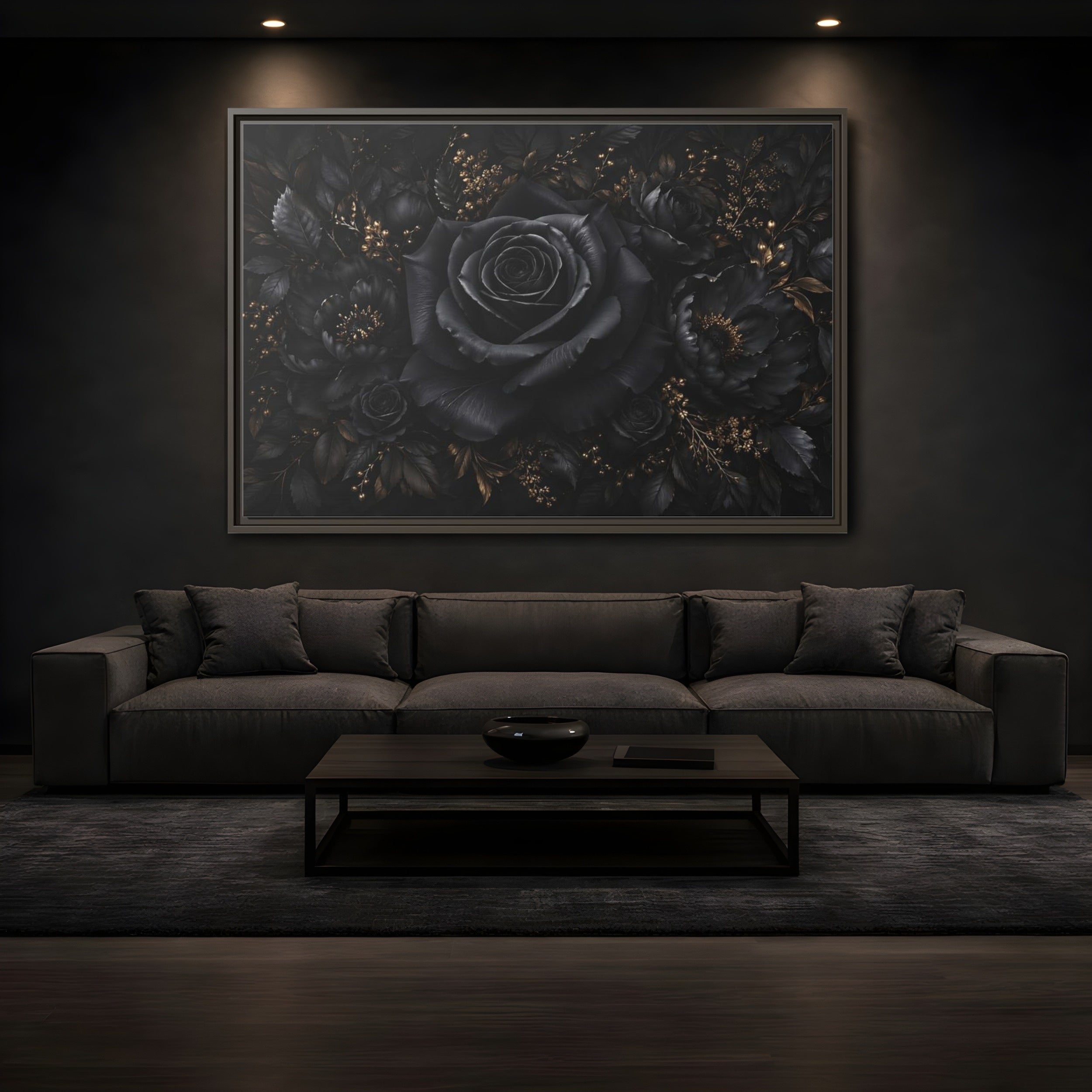 Mockup 3. Floral Black Rose Black Gold Floral shown as stretched canvas wall art