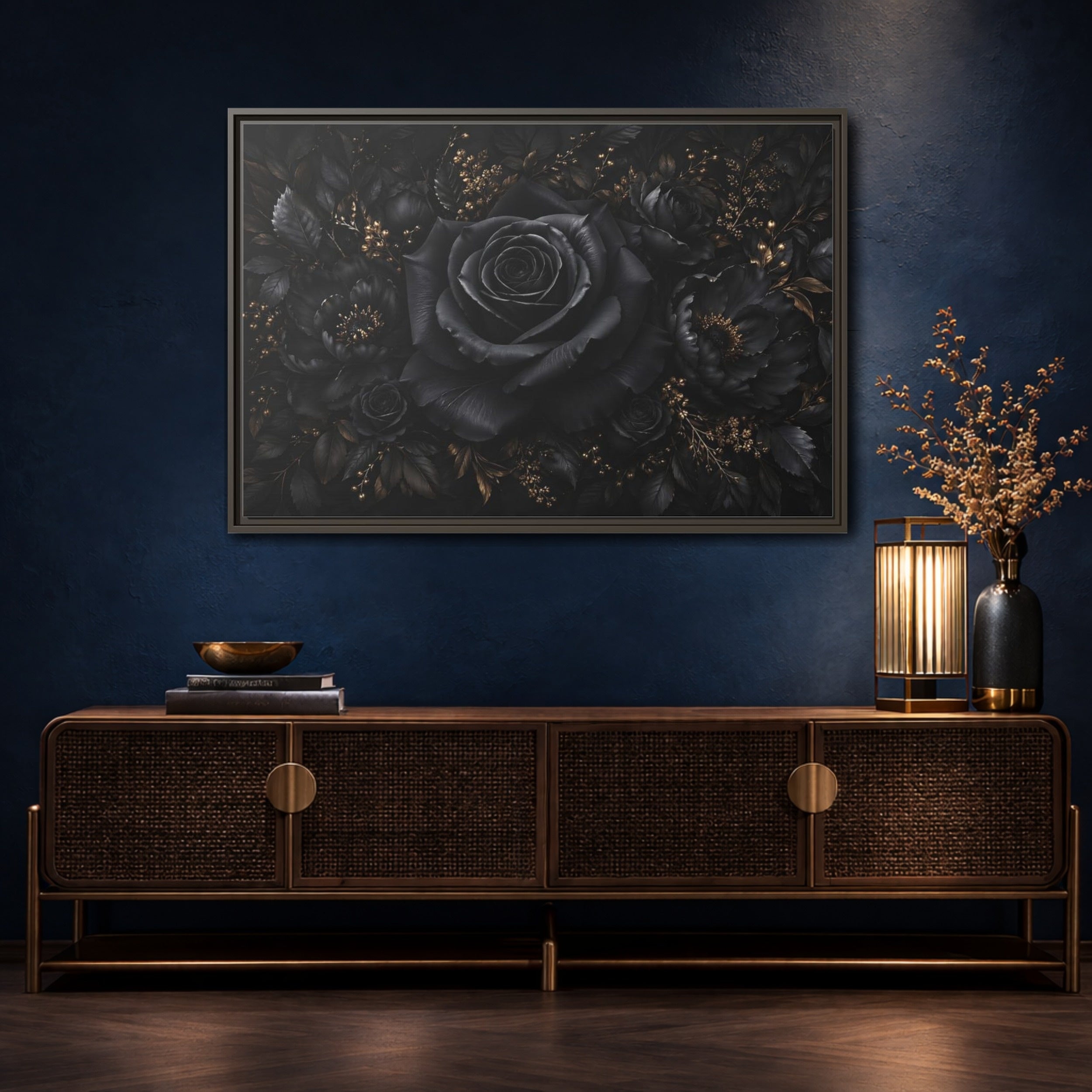 Mockup 4. Floral Black Rose Black Gold Floral shown as stretched canvas wall art