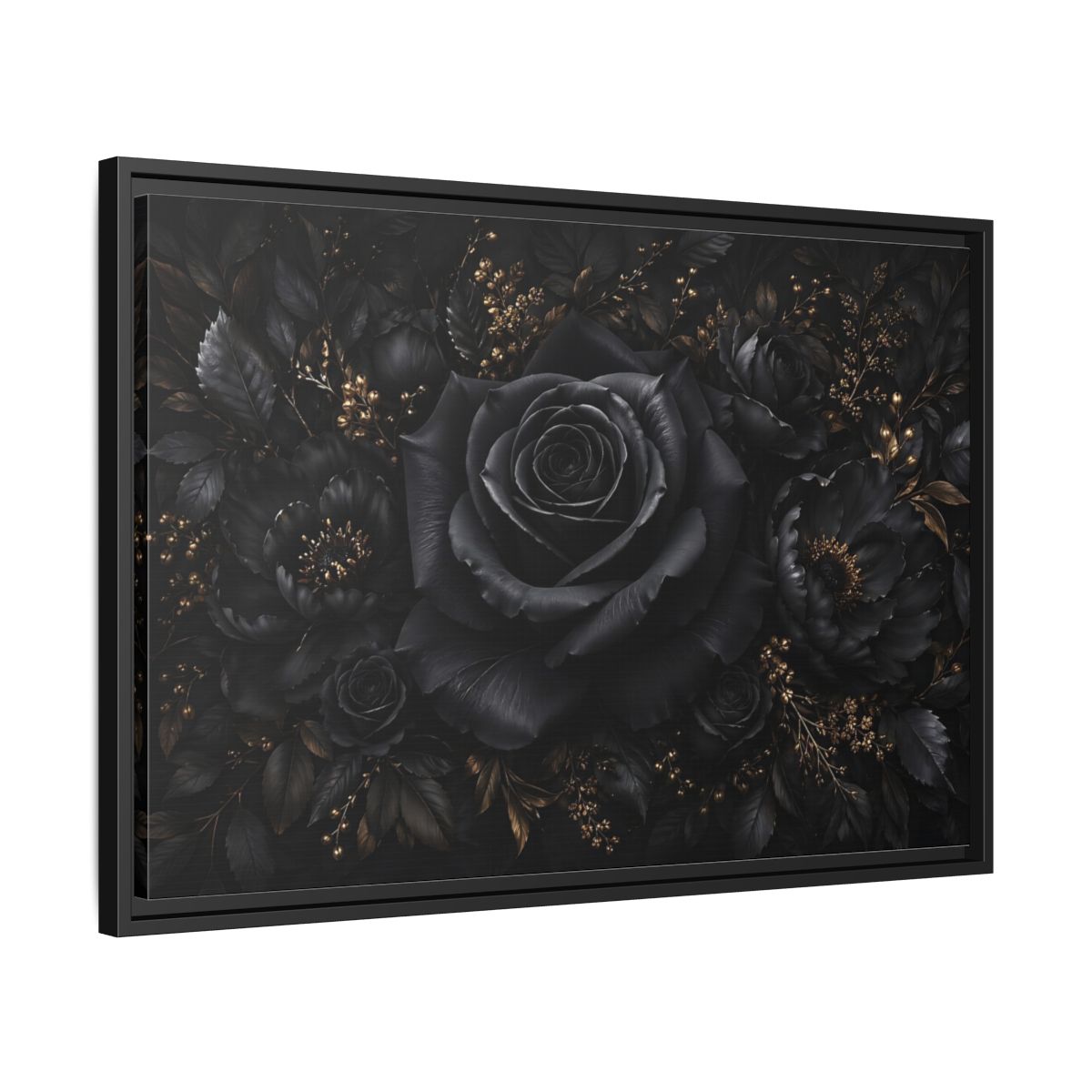 Side Mockup 14. Floral Black Rose Black Gold Floral shown as stretched canvas wall art