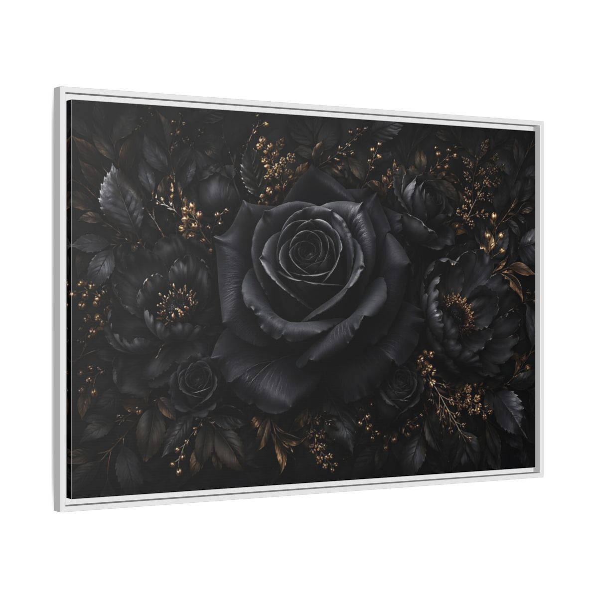 Side Mockup 7. Floral Black Rose Black Gold Floral shown as stretched canvas wall art