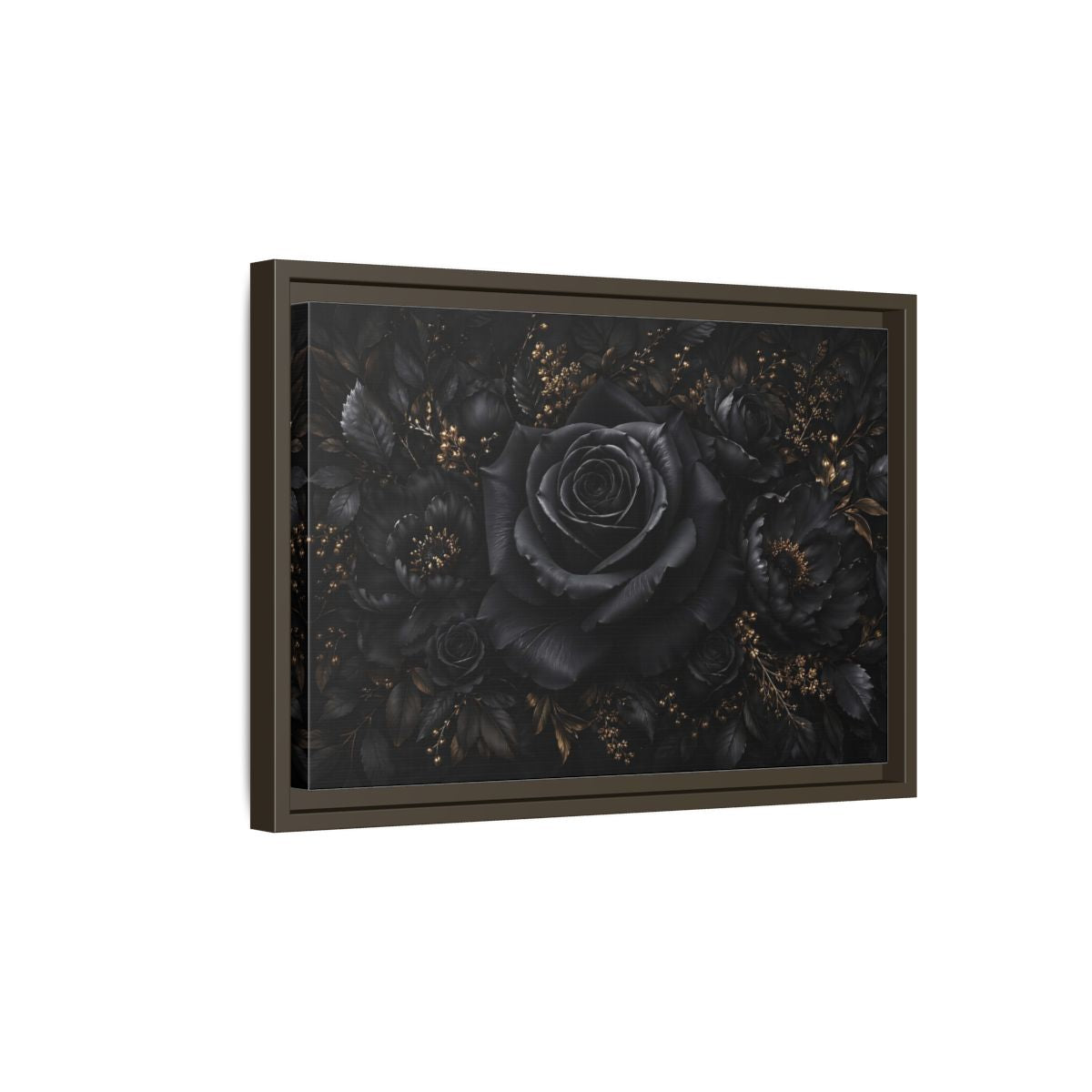 Side Mockup 5. Floral Black Rose Black Gold Floral shown as stretched canvas wall art