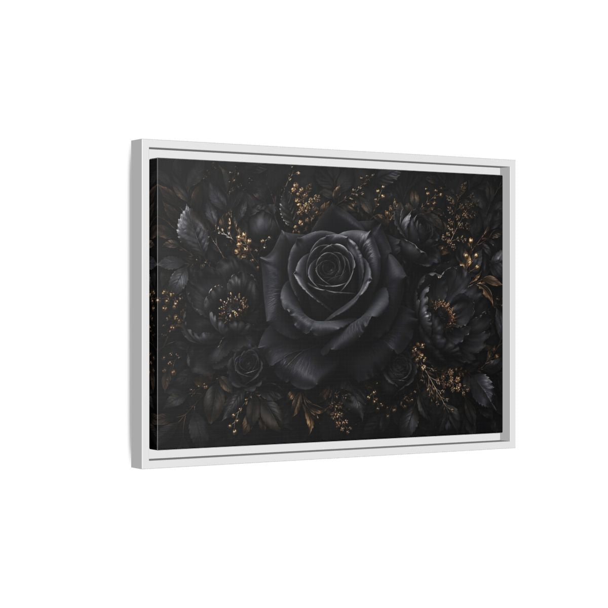 Side Mockup 1. Floral Black Rose Black Gold Floral shown as stretched canvas wall art