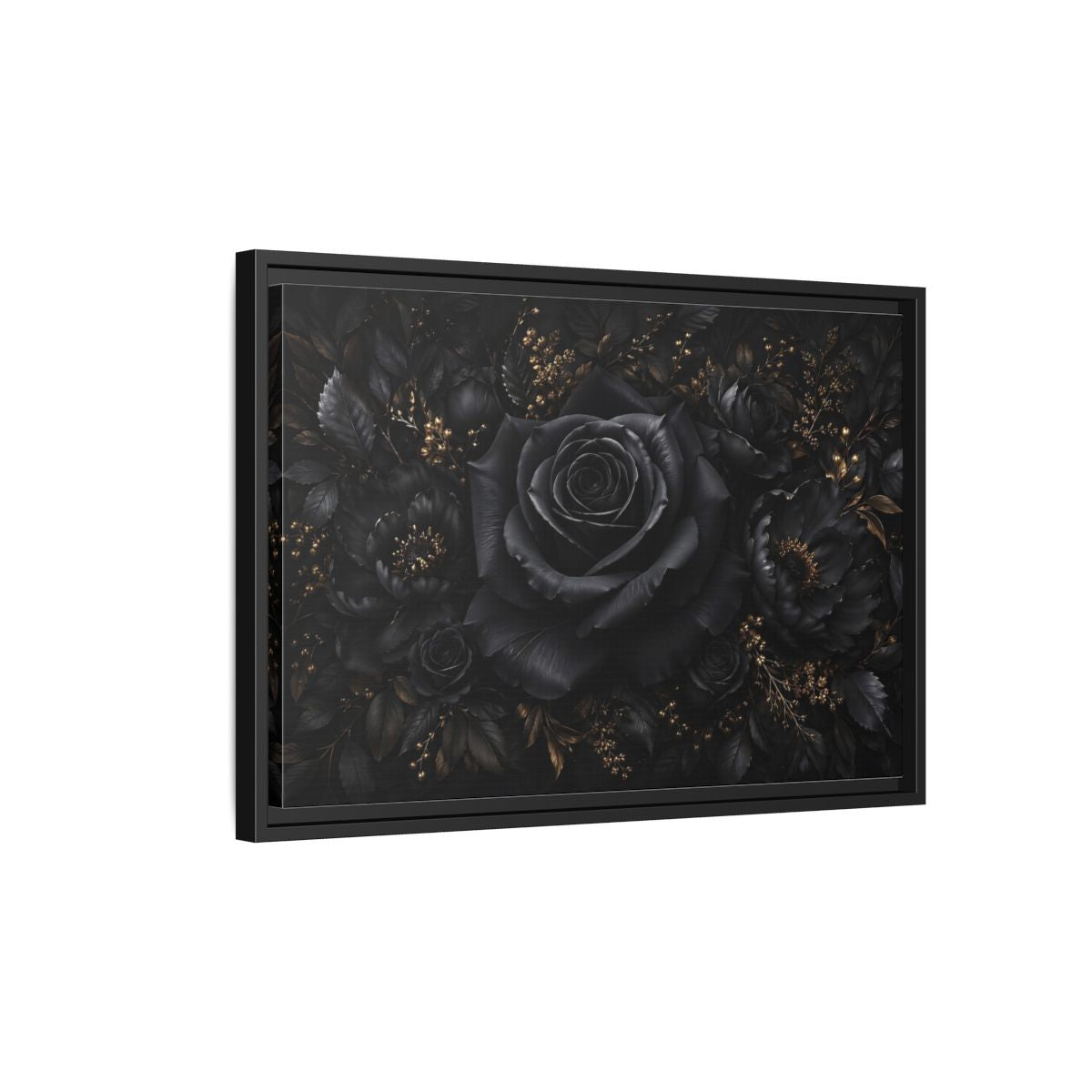 Side Mockup 3. Floral Black Rose Black Gold Floral shown as stretched canvas wall art