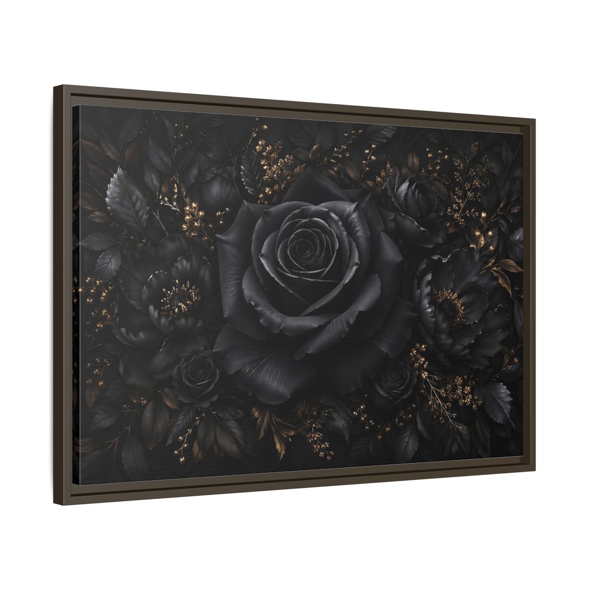 Side Mockup 11. Floral Black Rose Black Gold Floral shown as stretched canvas wall art