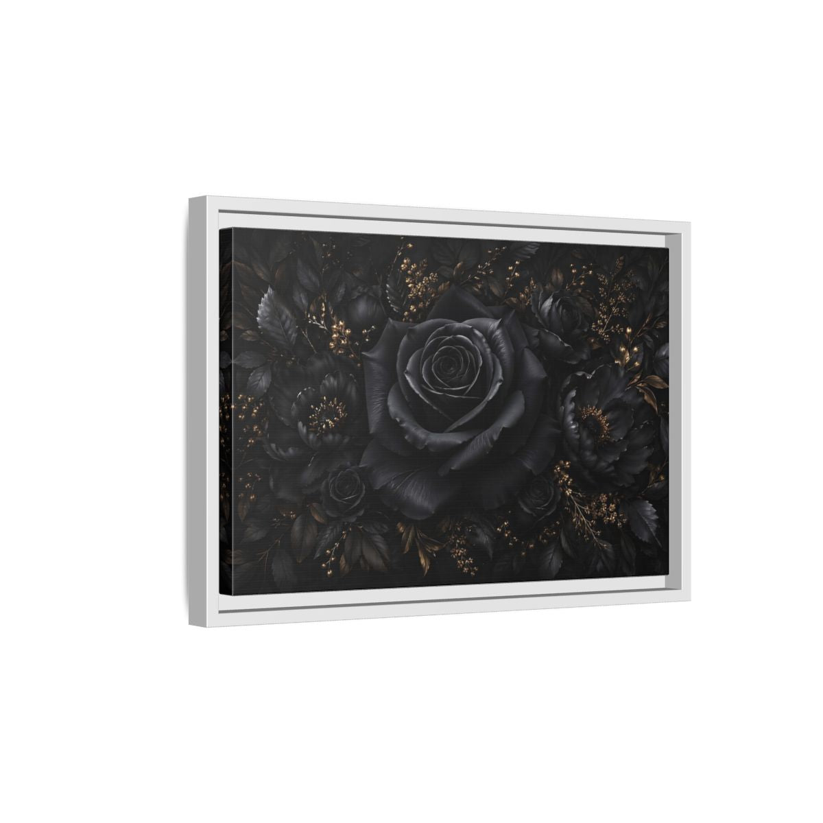 Side Mockup 4. Floral Black Rose Black Gold Floral shown as stretched canvas wall art
