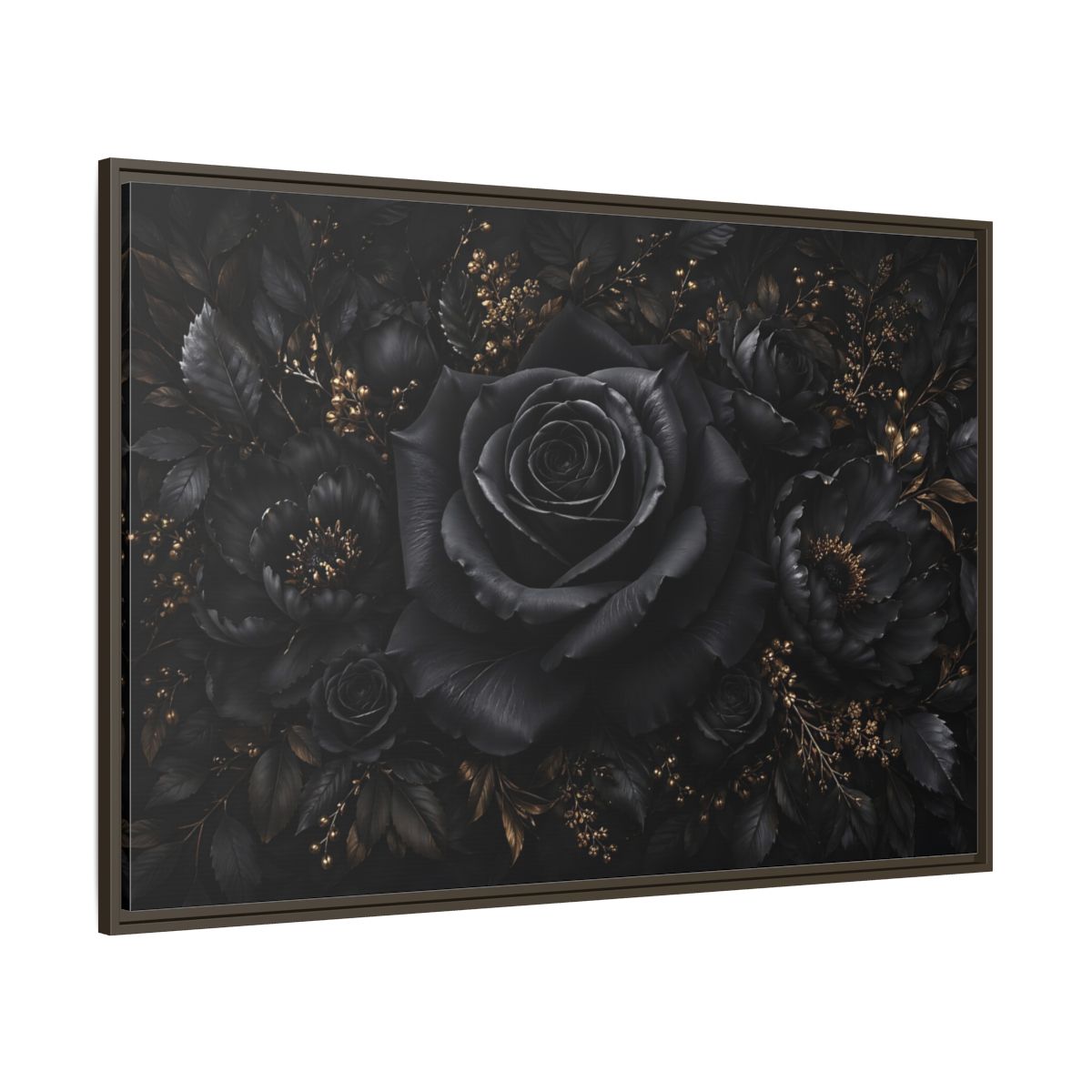 Side Mockup 8. Floral Black Rose Black Gold Floral shown as stretched canvas wall art