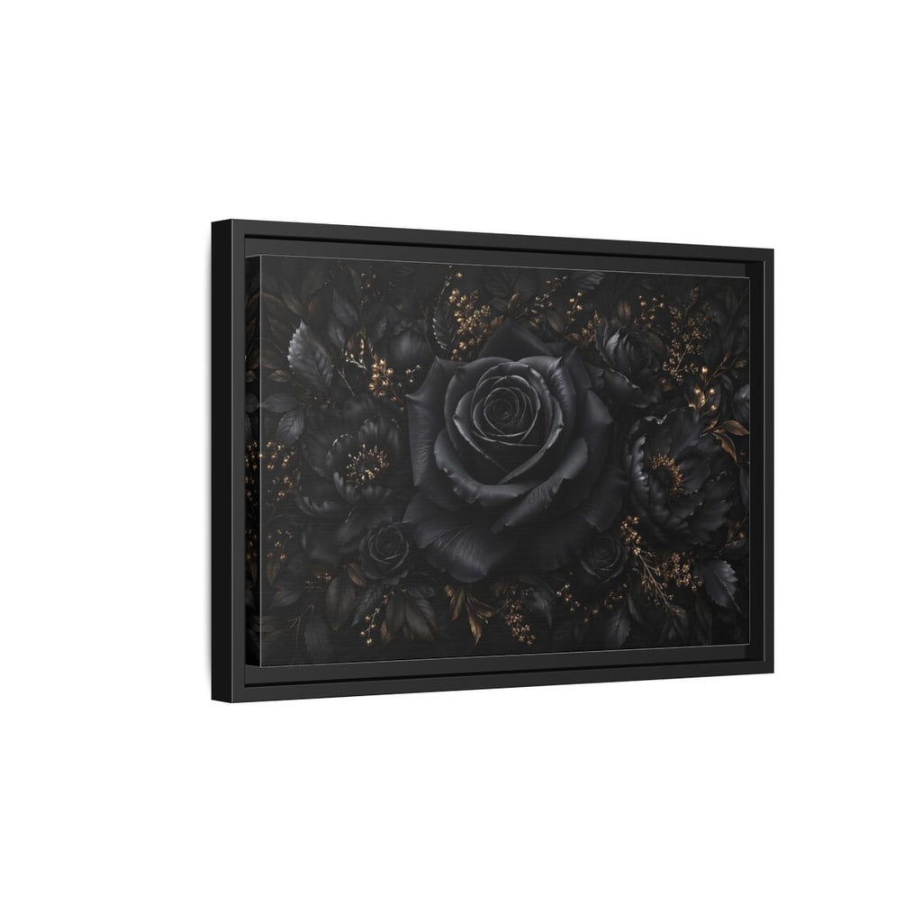 Side Mockup 6. Floral Black Rose Black Gold Floral shown as stretched canvas wall art