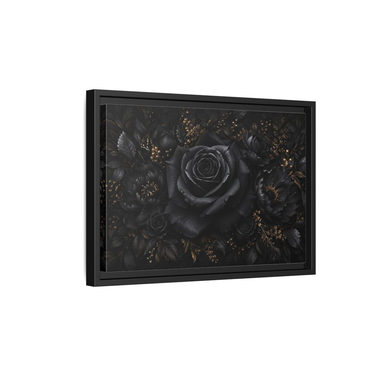 Side Mockup 6. Floral Black Rose Black Gold Floral shown as stretched canvas wall art