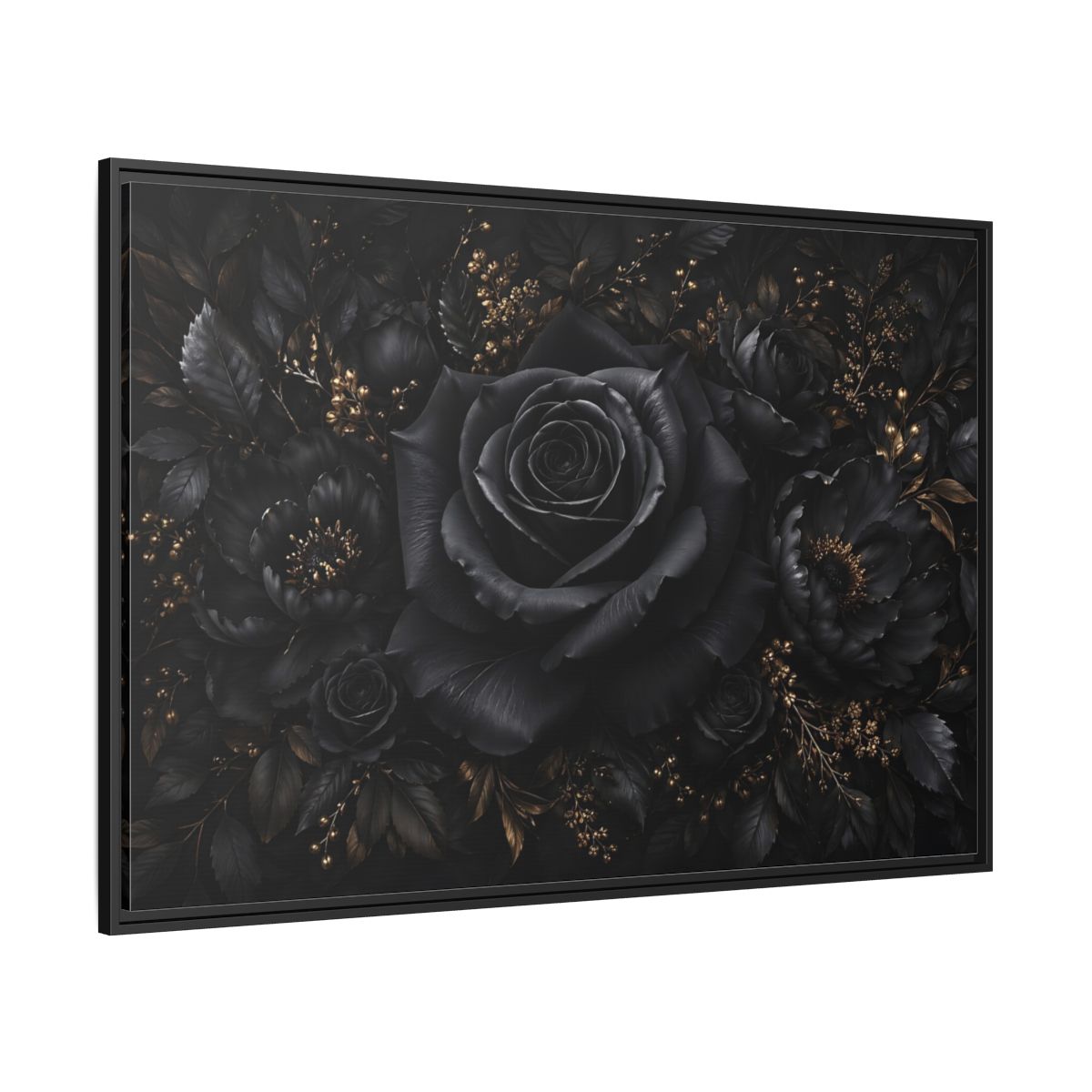 Side Mockup 12. Floral Black Rose Black Gold Floral shown as stretched canvas wall art