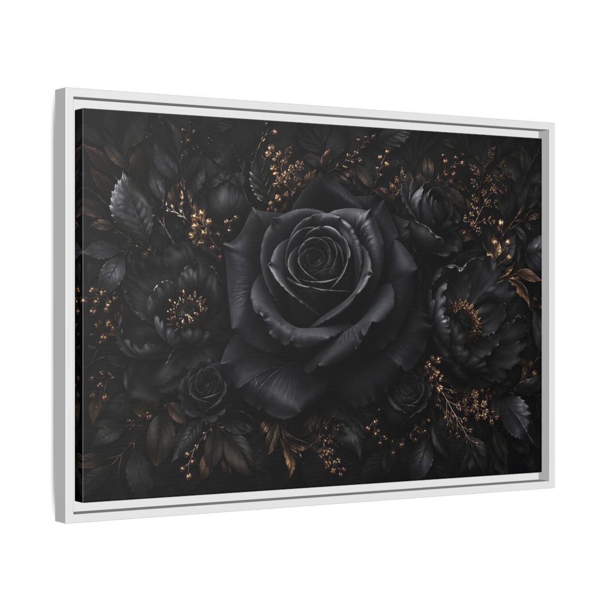 Side Mockup 10. Floral Black Rose Black Gold Floral shown as stretched canvas wall art