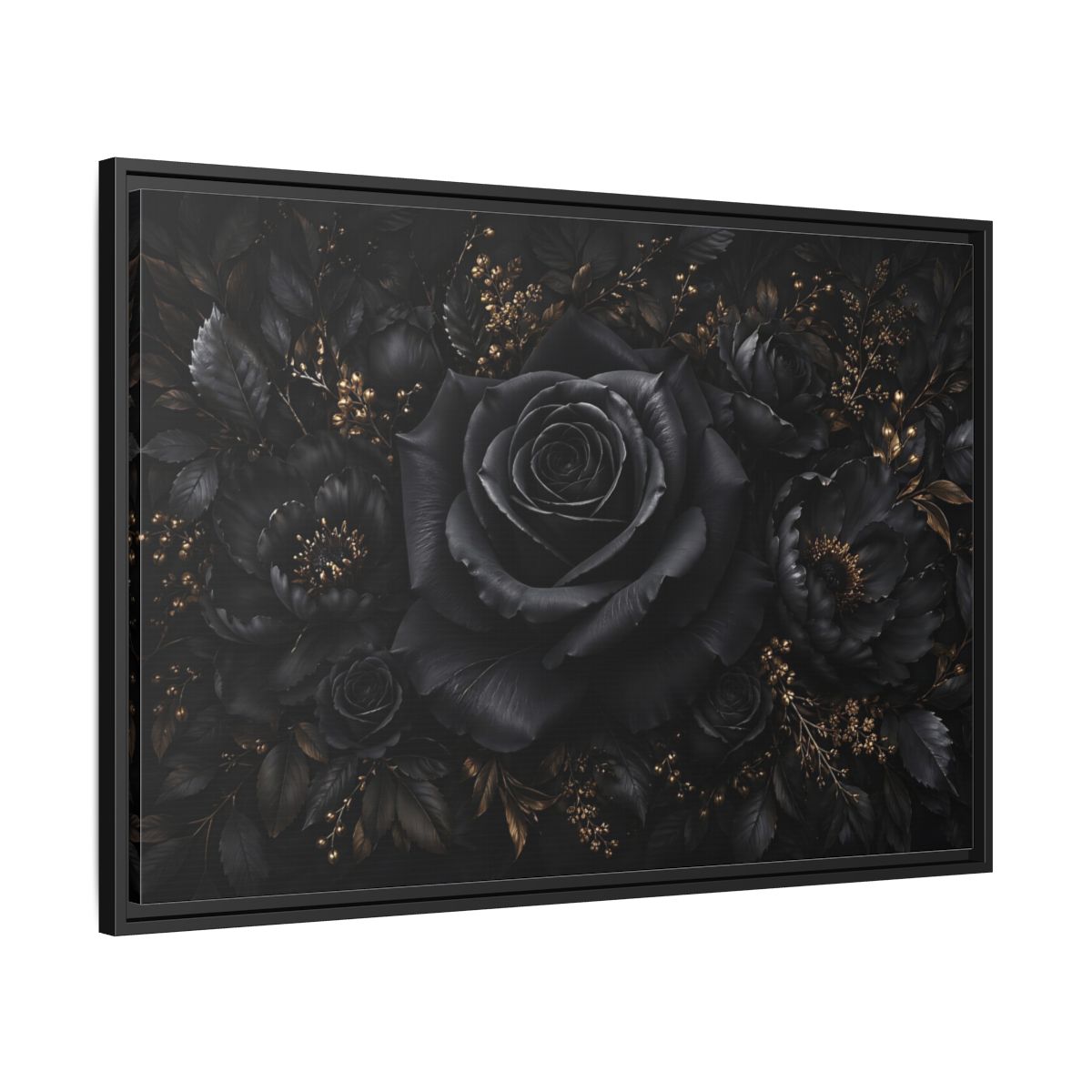 Side Mockup 13. Floral Black Rose Black Gold Floral shown as stretched canvas wall art